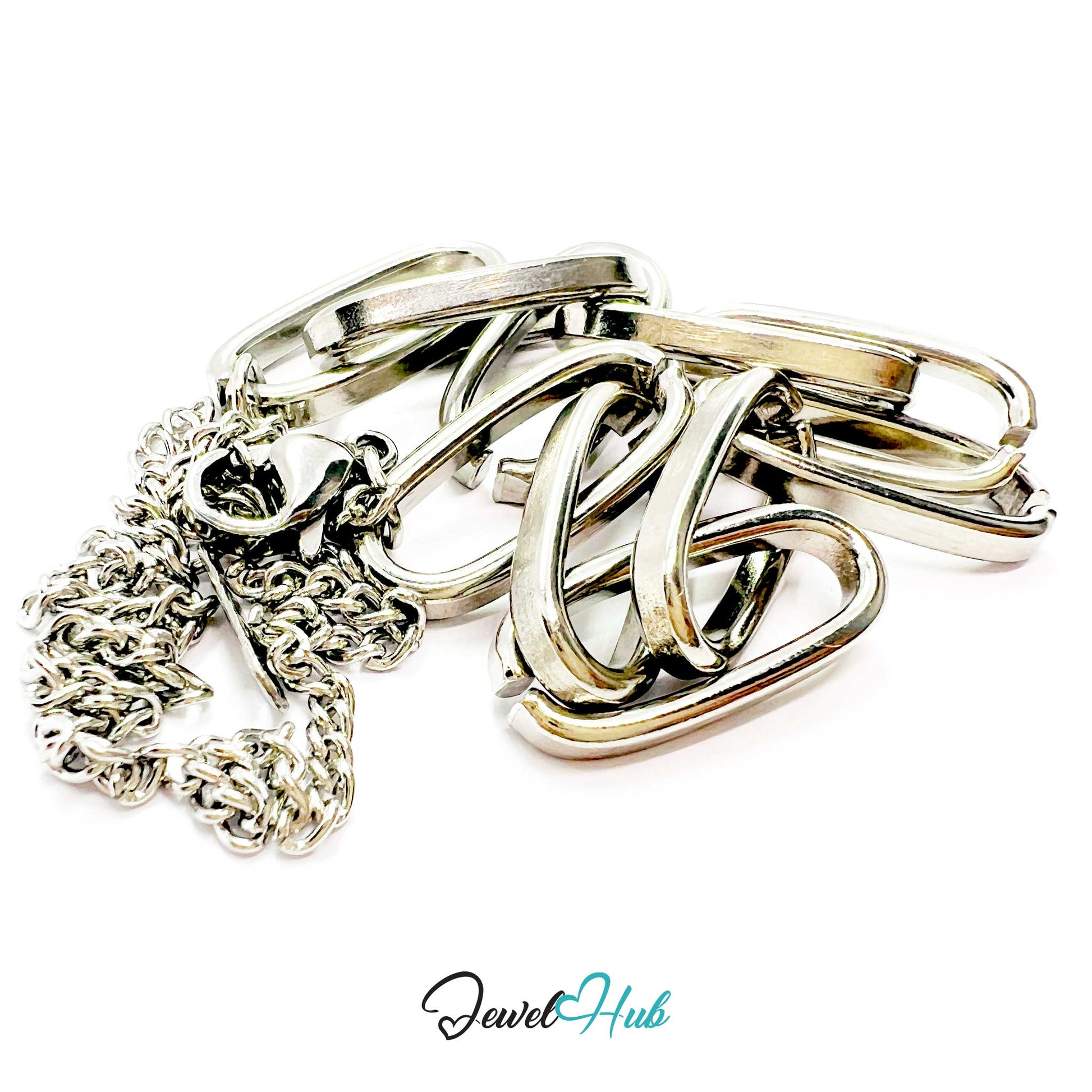 Silver jewelry items including a chain and keychain on a white background with 'Jewel Hub' branding.