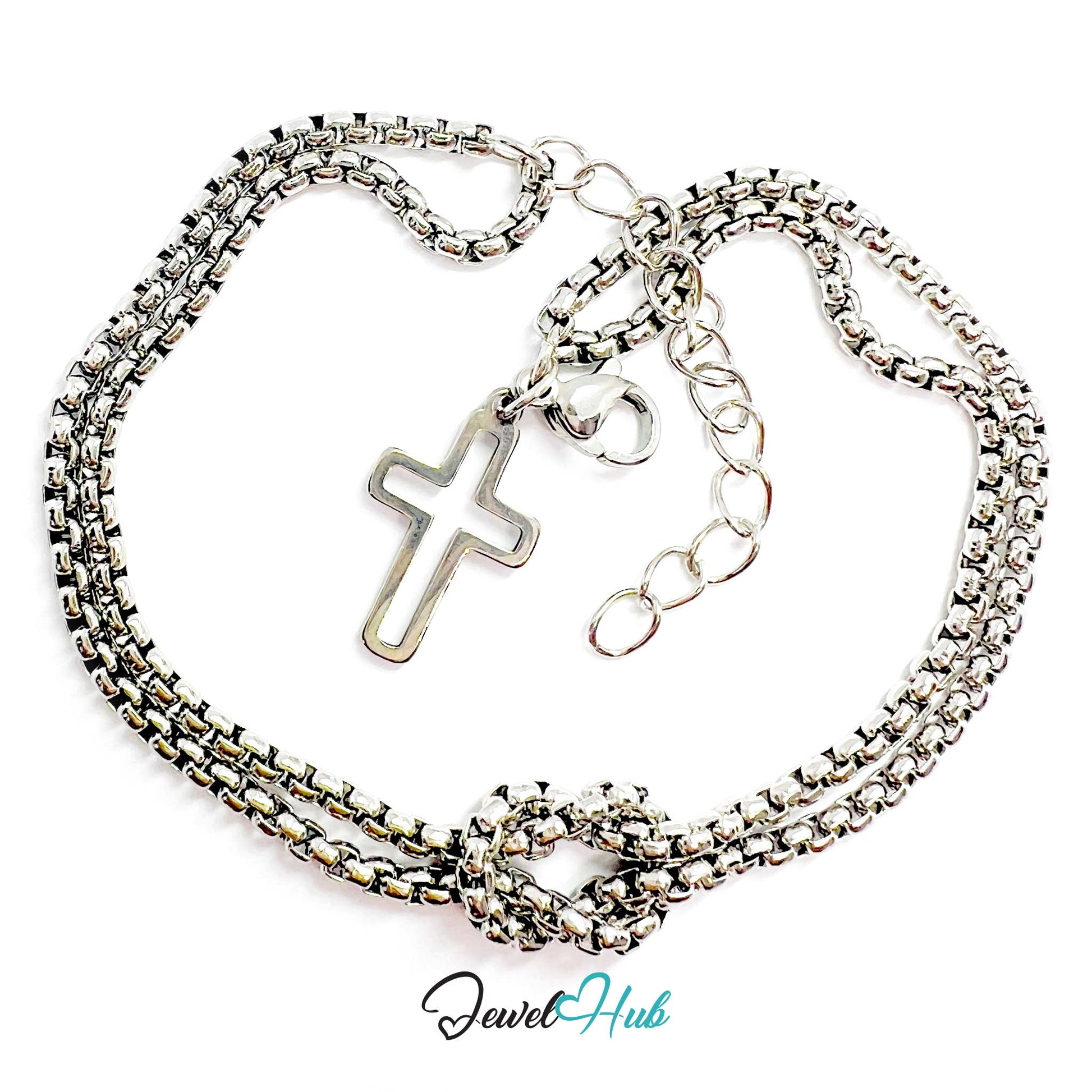Silver chain necklace with a cross pendant on a white background, branded 'Jewel Hub'.