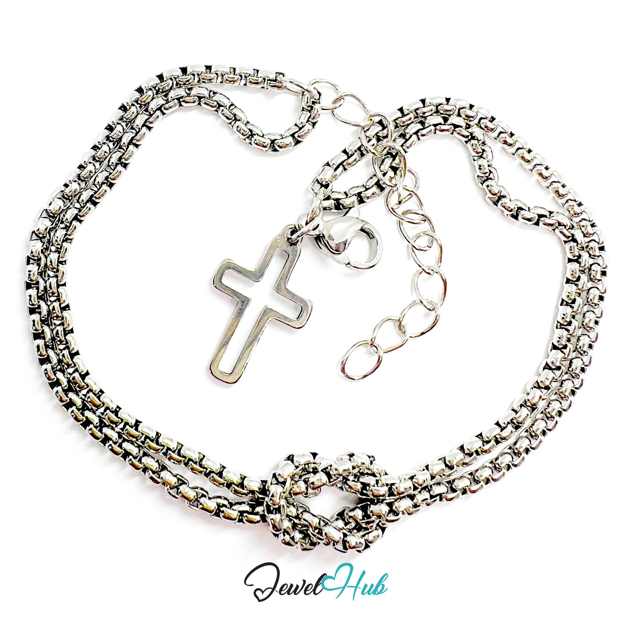 Silver chain necklace with a cross pendant on a white background, branded 'Jewel Hub'.