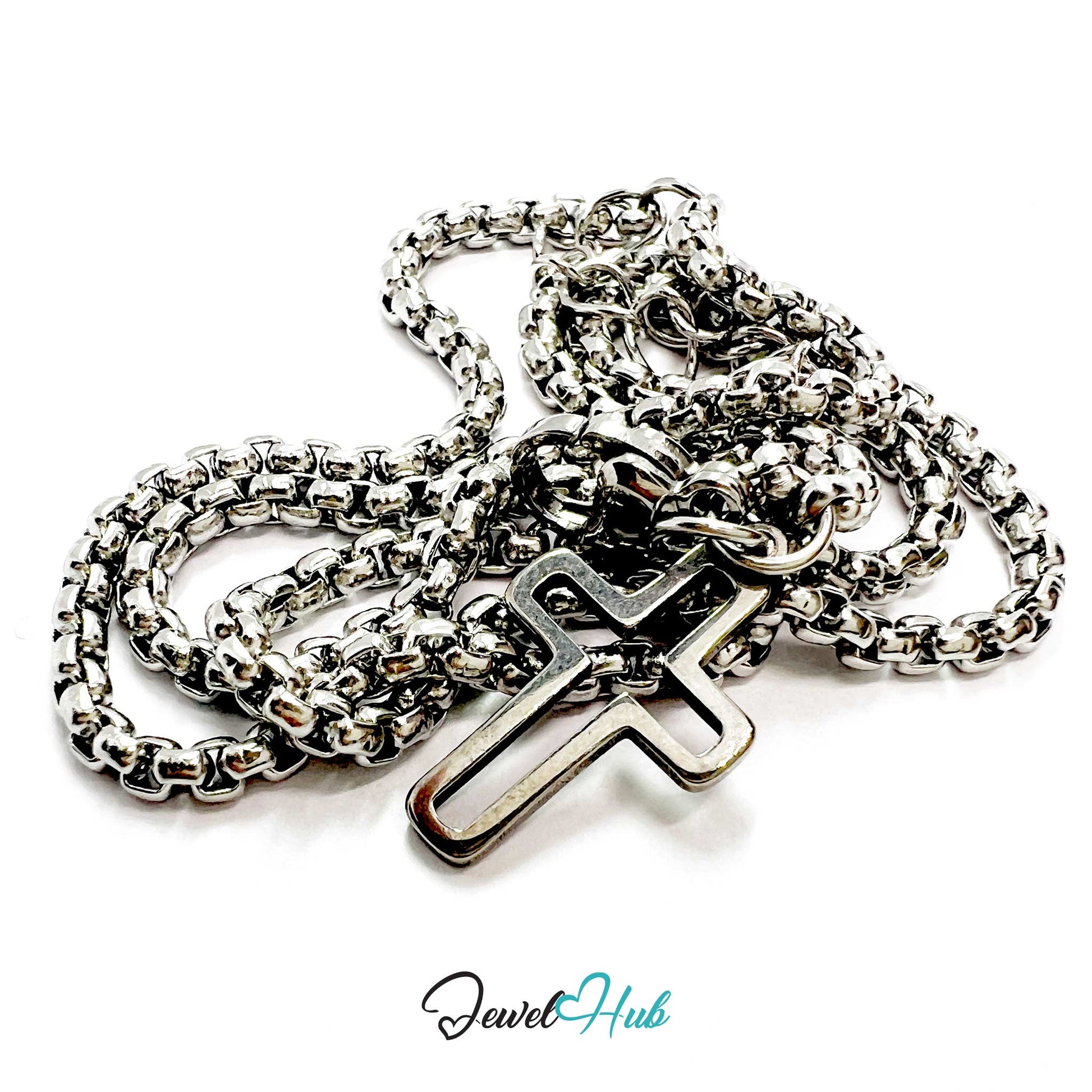 Silver chain necklace with a cross pendant on a white background, branded 'Jewel Hub'.