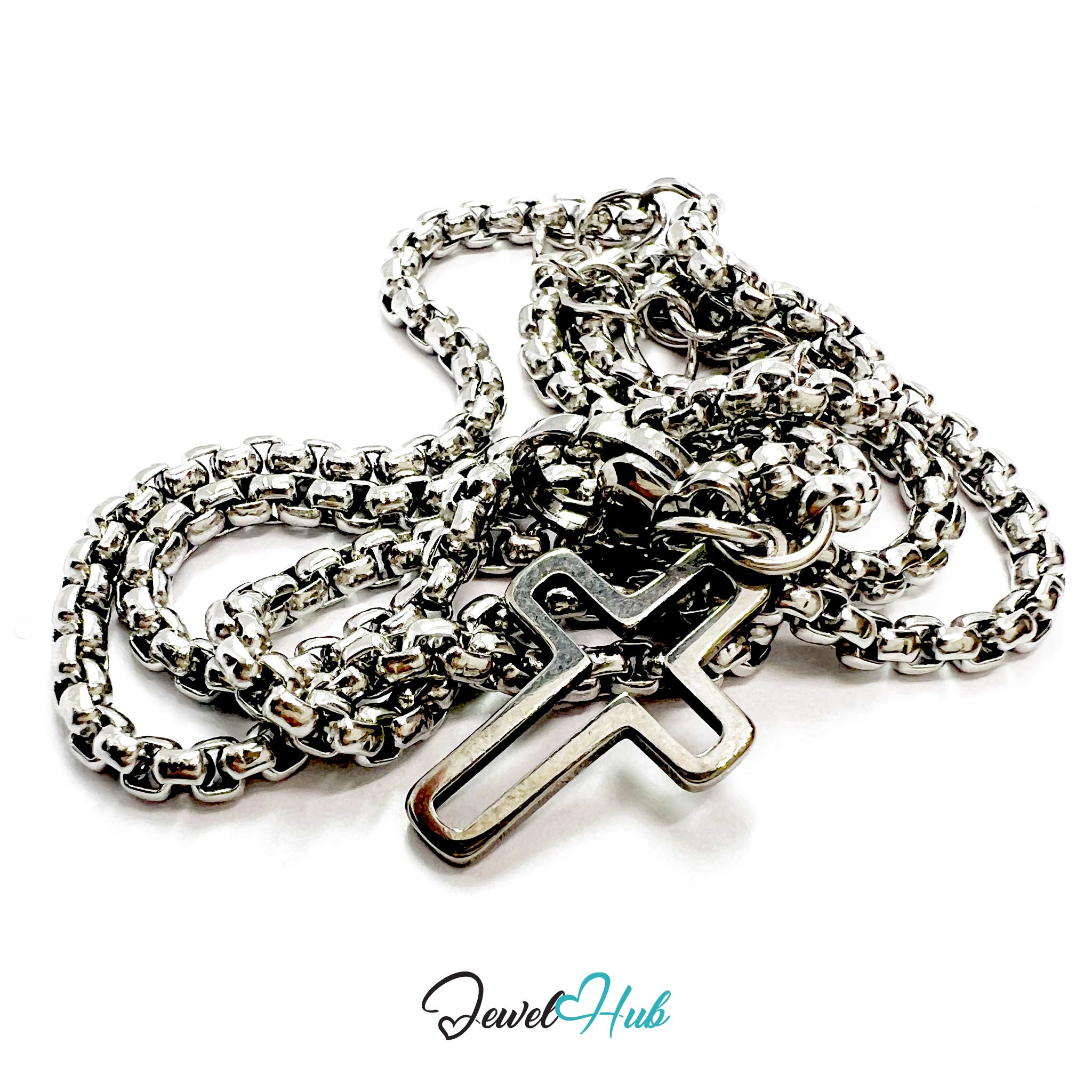 Silver chain necklace with a cross pendant on a white background, branded 'Jewel Hub'.