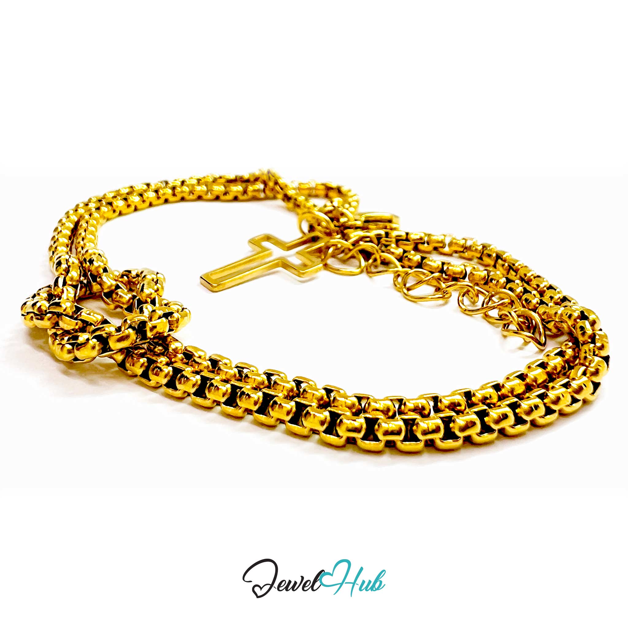 Gold chain bracelet with a cross charm on a white background, branded 'Jewel Hub'.