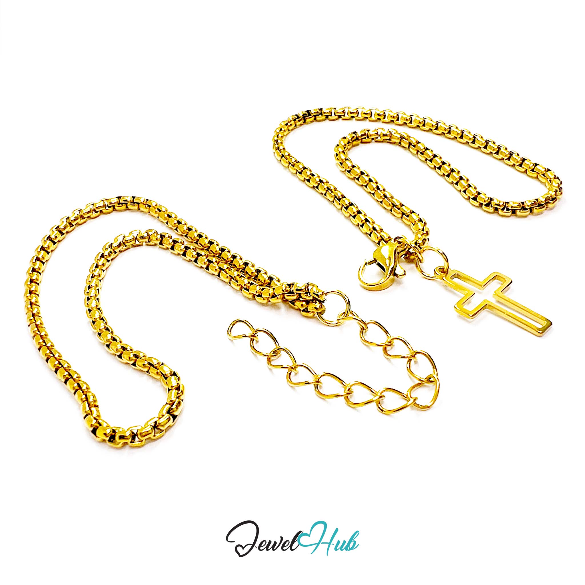 Gold chain necklace with a cross pendant on a white background, branded 'Jewel Hub'.