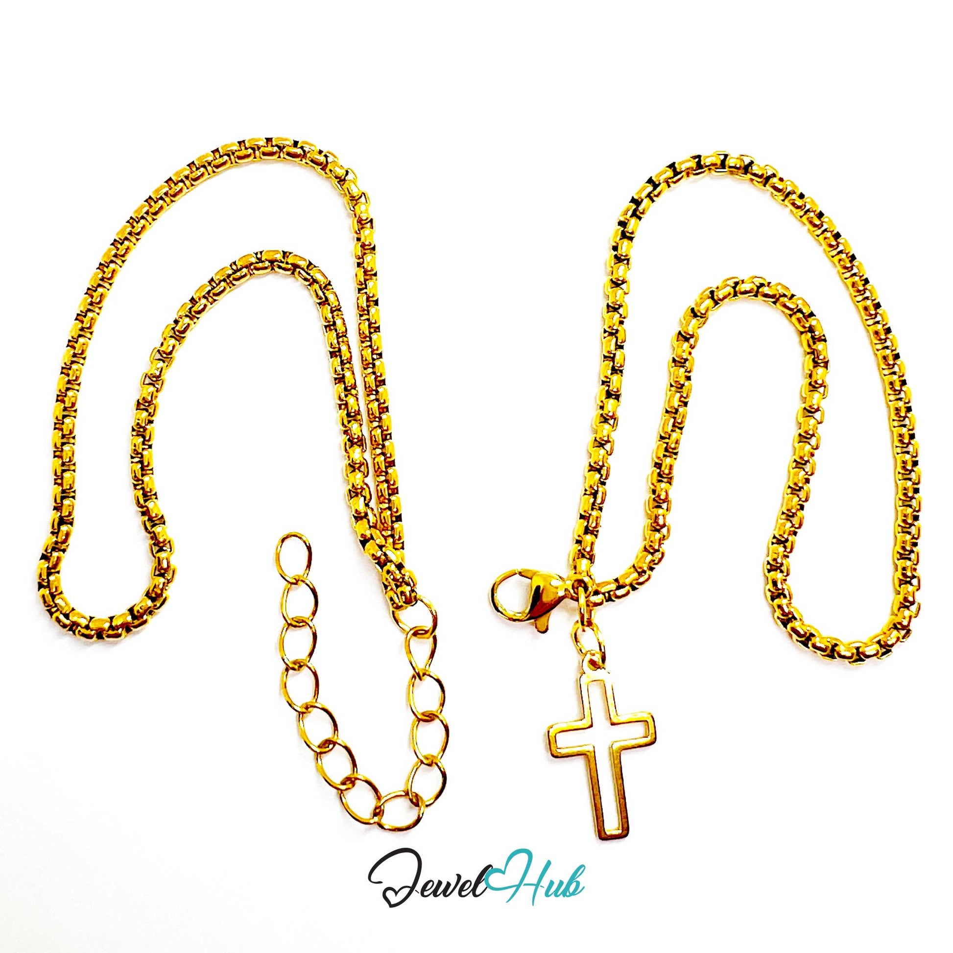 Gold chain necklace with a cross pendant on a white background, branded 'Jewel Hub'.