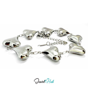 Silver bracelet with heart-shaped charms on a white background, branded 'Jewel Hub'.