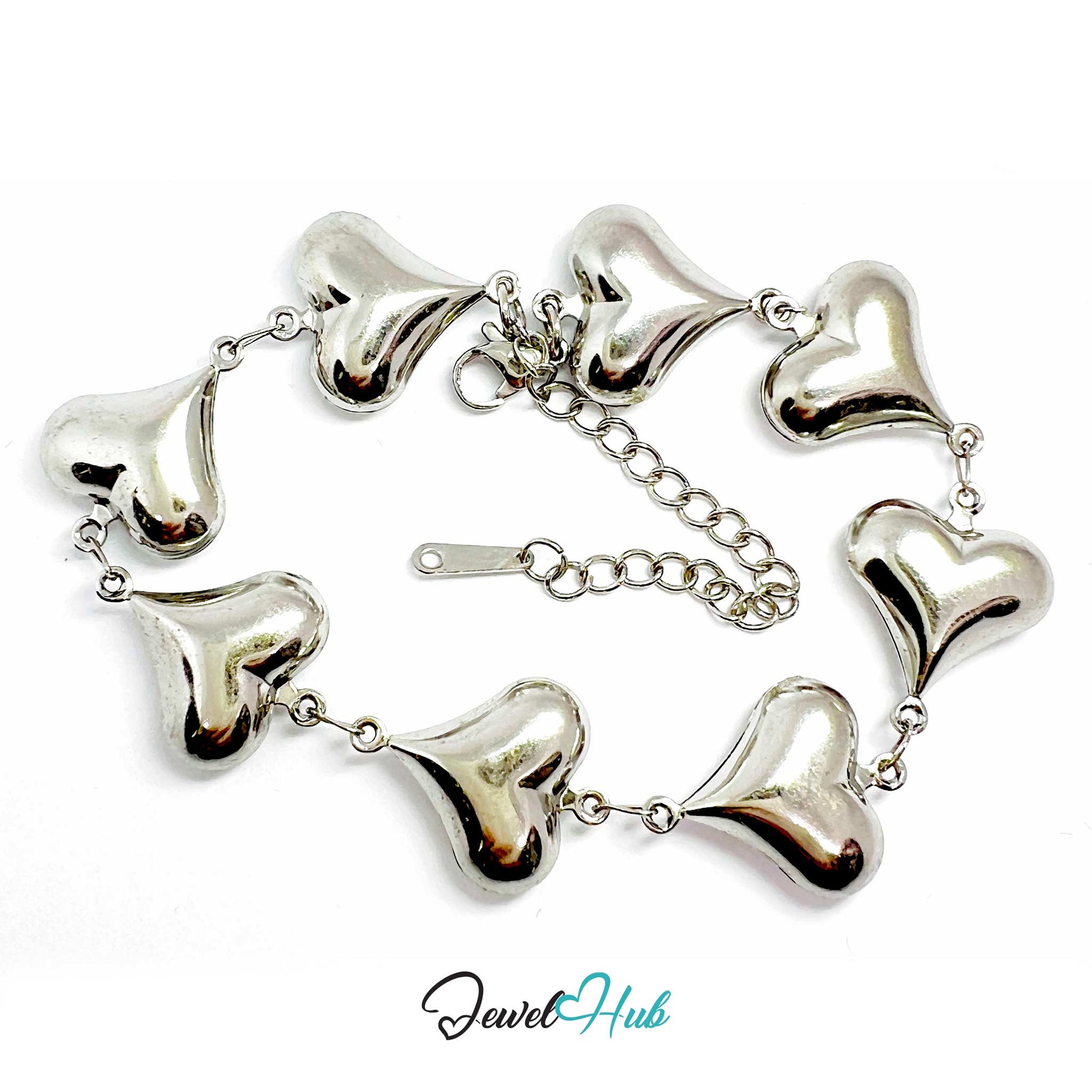 Silver heart-shaped bracelet on a white background with 'Jewel Hub' branding.
