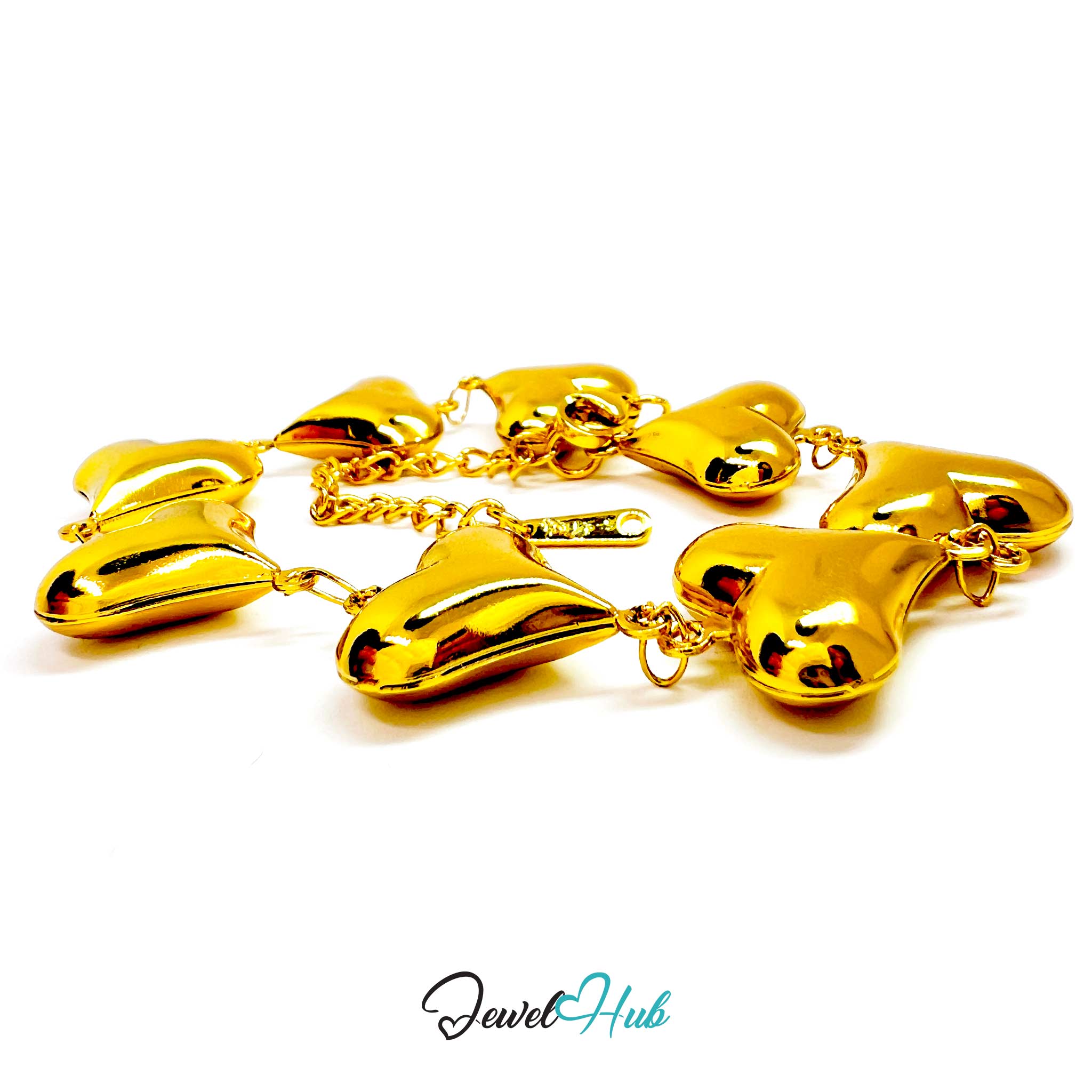 Gold bracelet with heart-shaped charms on a white background, branded 'Jewel Hub'.