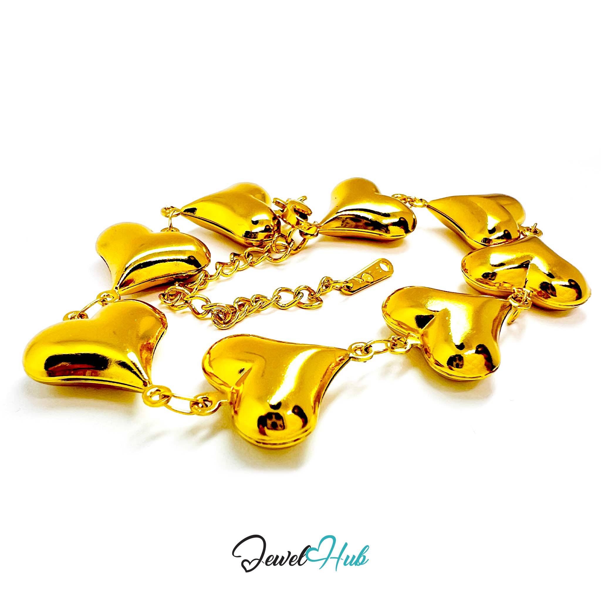 Gold heart-shaped bracelet on a white background with 'Jewel Hub' branding.
