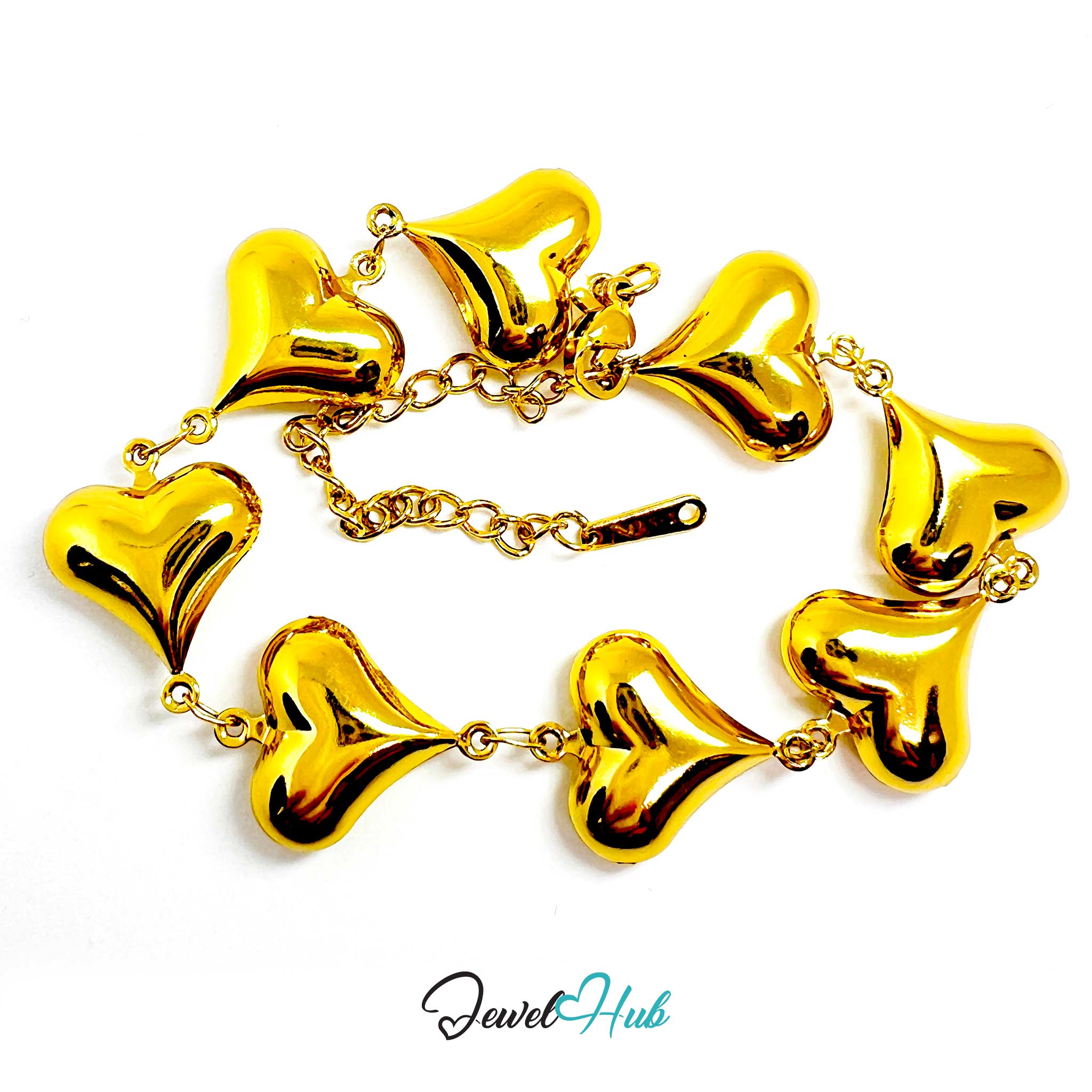 Gold heart-shaped bracelet on a white background with 'Jewel Hub' branding.