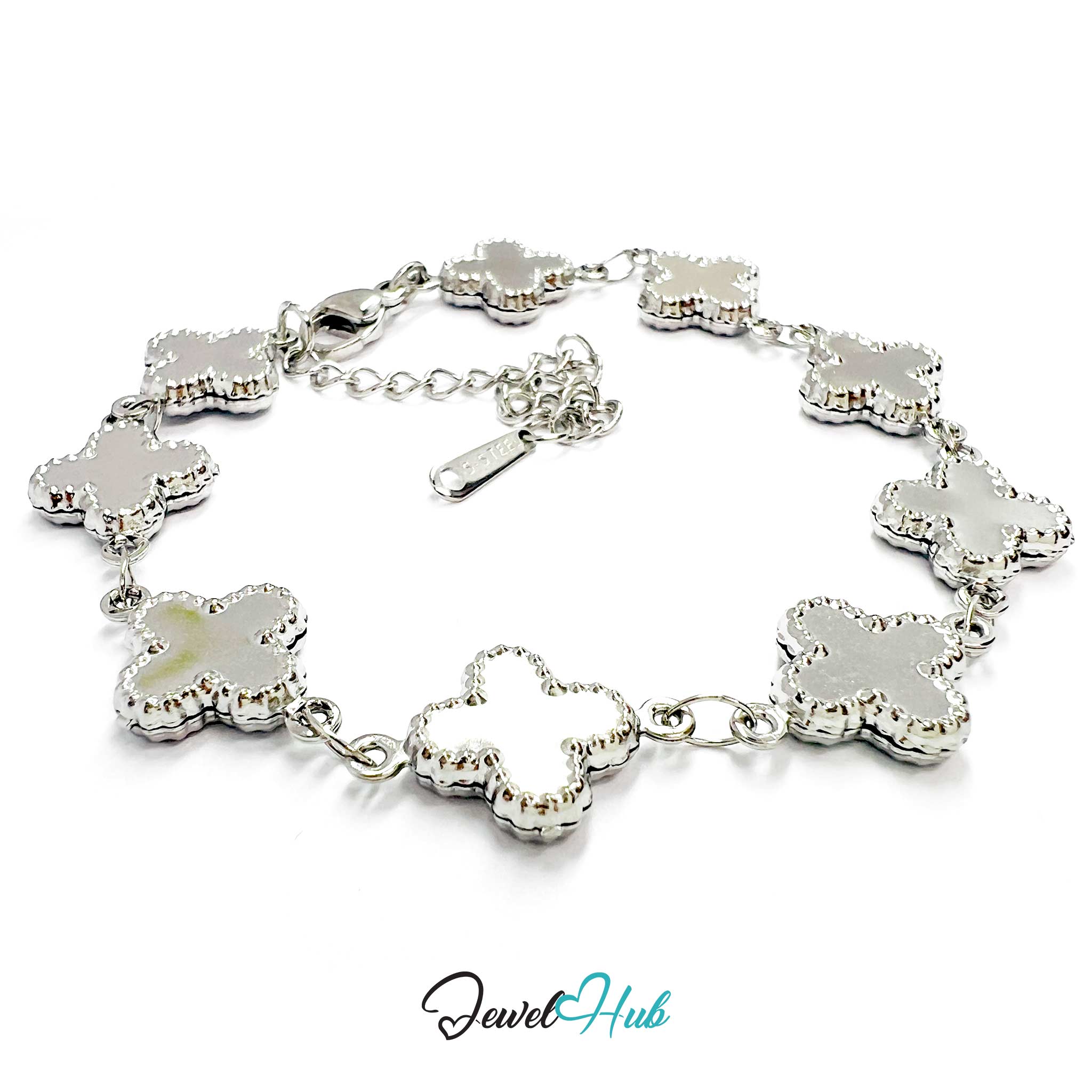 Stainless Steel Beaded Clover Silver Bracelet