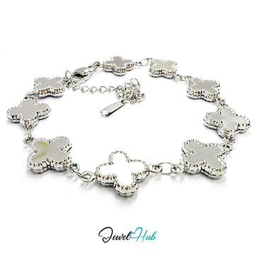 Stainless Steel Beaded Clover Silver Bracelet