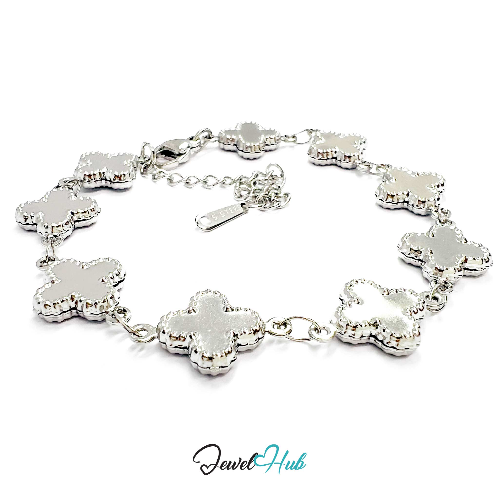 Stainless Steel Beaded Clover Silver Bracelet