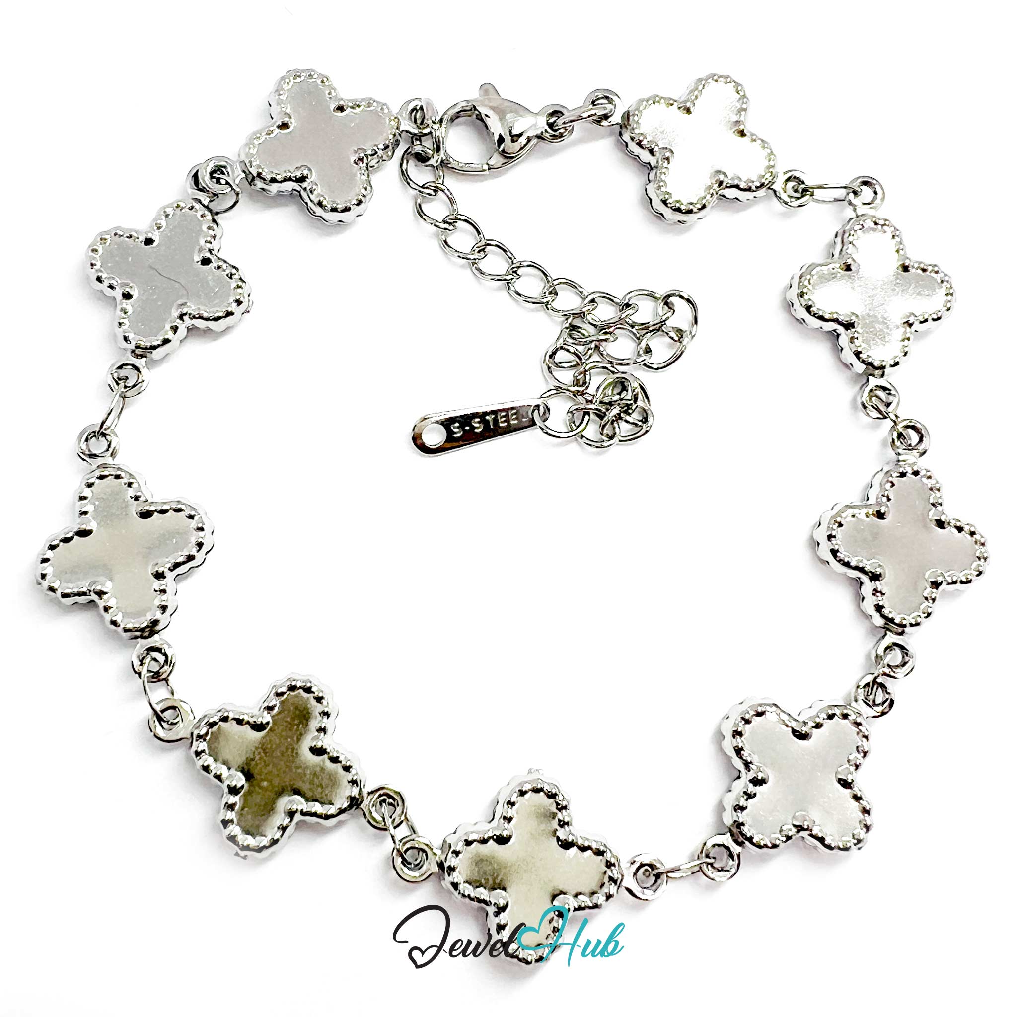 Stainless Steel Beaded Clover Silver Bracelet