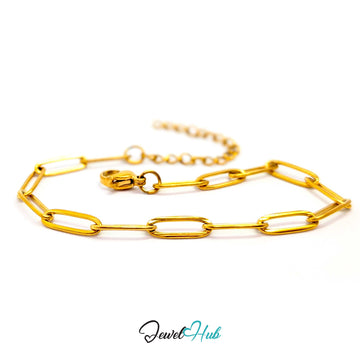 A gold paperclip chain bracelet with a lobster clasp and extender, displayed on a clean white background with a 'JewelHub' watermark at the bottom.