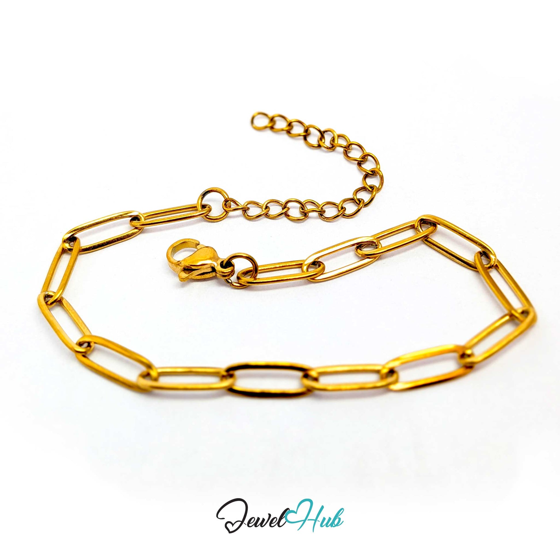 A gold paperclip chain bracelet with a lobster clasp and an adjustable extender chain, displayed on a clean white background with a 'JewelHub' watermark at the bottom.