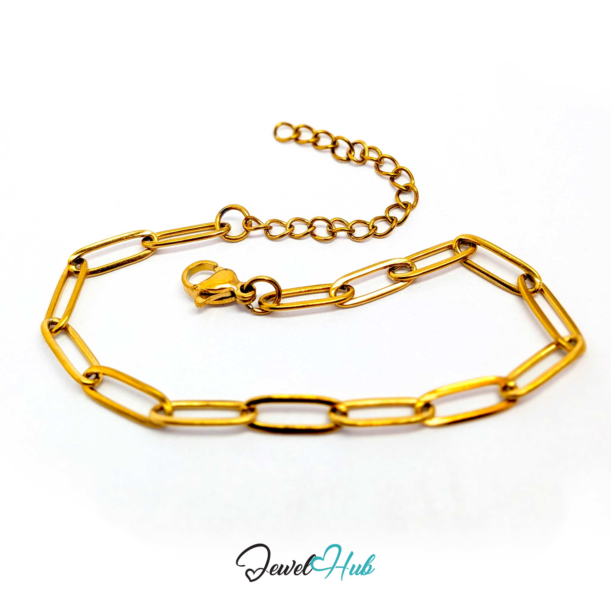 A gold paperclip chain bracelet with a lobster clasp and an adjustable extender chain, displayed on a clean white background with a 'JewelHub' watermark at the bottom.