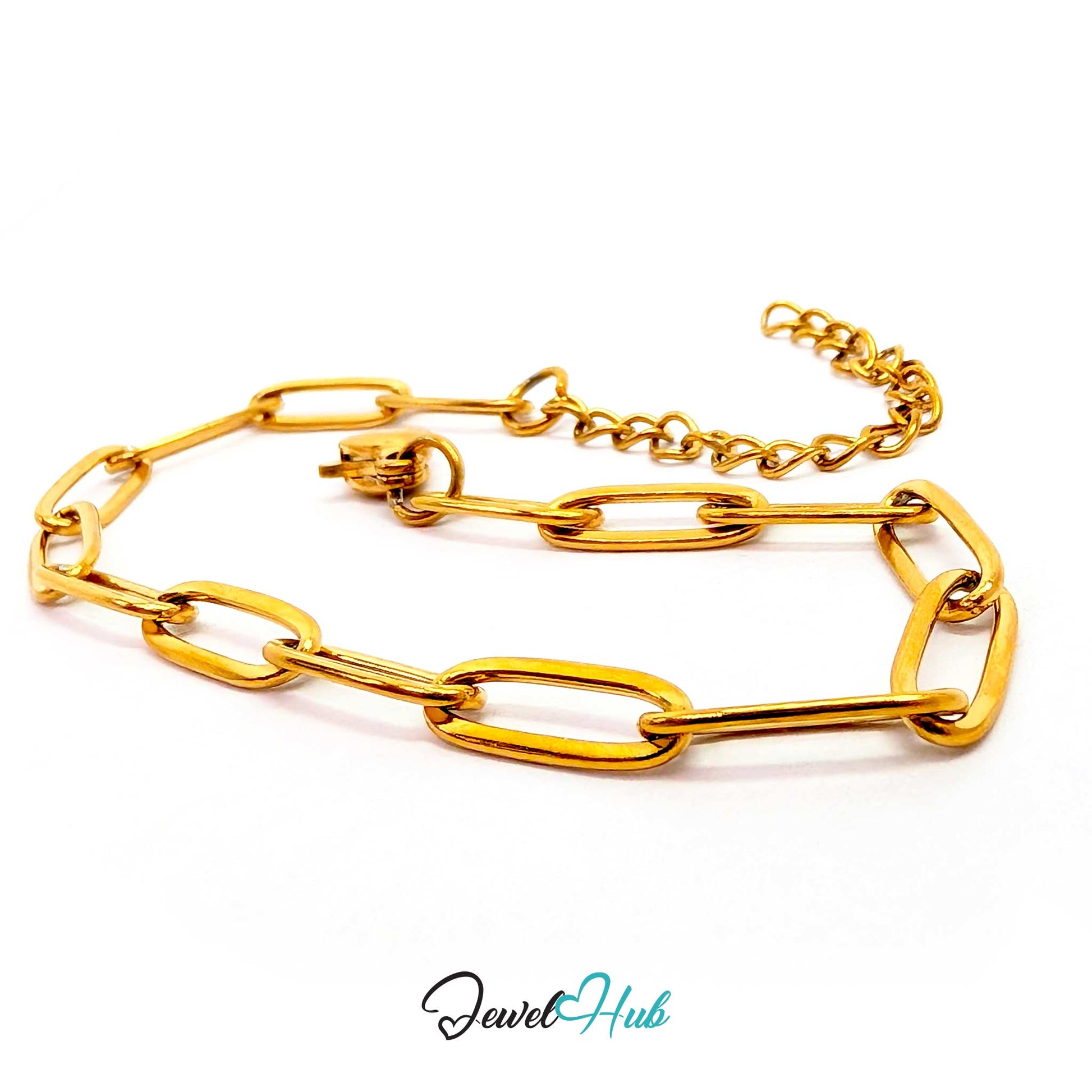 A gold chain link bracelet with large, polished oval links and a smaller matching chain extender, displayed on a clean white background with a 'JewelHub' watermark at the bottom.