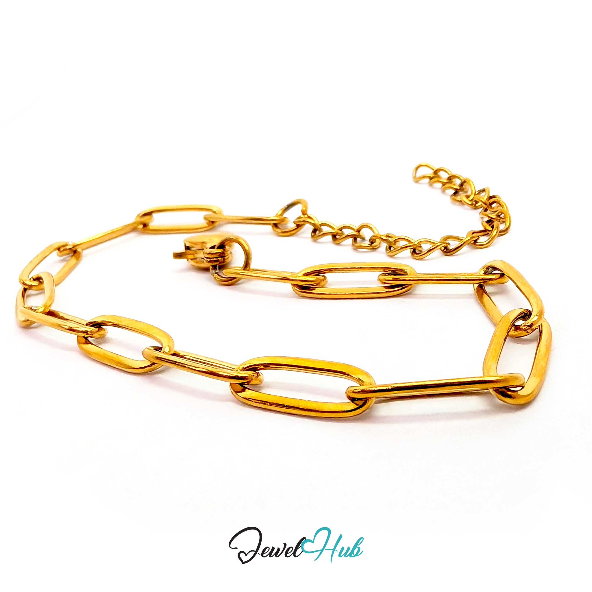 A gold chain link bracelet with large, polished oval links and a smaller matching chain extender, displayed on a clean white background with a 'JewelHub' watermark at the bottom.