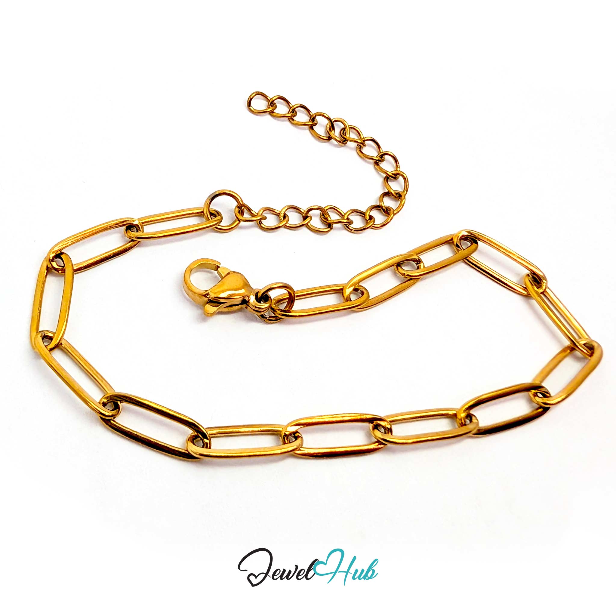 A gold paperclip chain bracelet with a lobster clasp and adjustable extender chain, displayed on a white background with a 'JewelHub' watermark at the bottom.