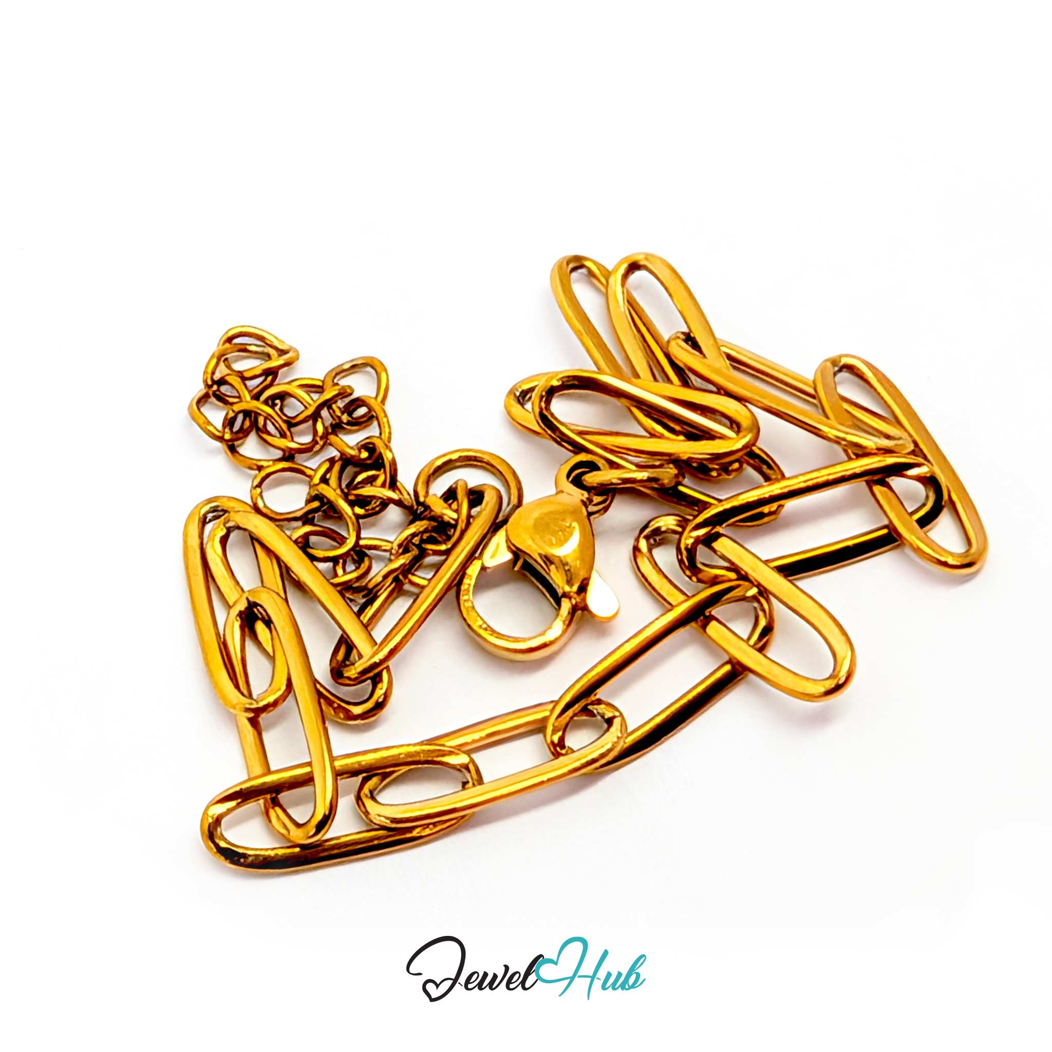 A chunky gold-toned chain necklace with oversized interlocking links and a lobster clasp, photographed on a white background with a JewelHub watermark at the bottom.
