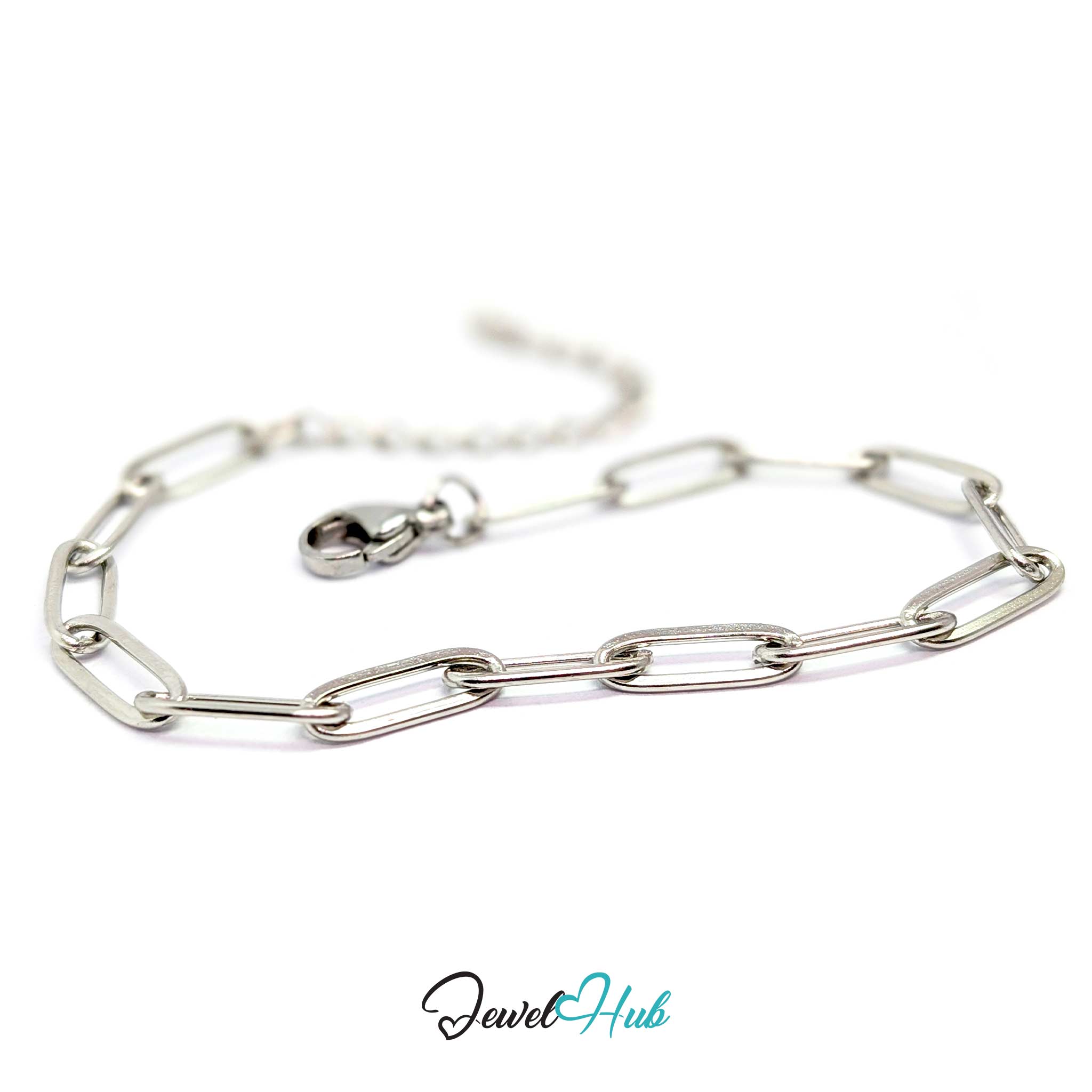 A silver paperclip chain bracelet with a lobster clasp and extender chain, displayed on a clean white background with a 'JewelHub' watermark at the bottom.