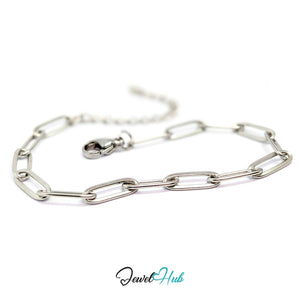 A silver paperclip chain bracelet with a lobster clasp and extender chain, displayed on a clean white background with a 'JewelHub' watermark at the bottom.