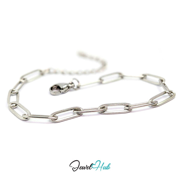 A silver paperclip chain bracelet with a lobster clasp and extender chain, displayed on a clean white background with a 'JewelHub' watermark at the bottom.