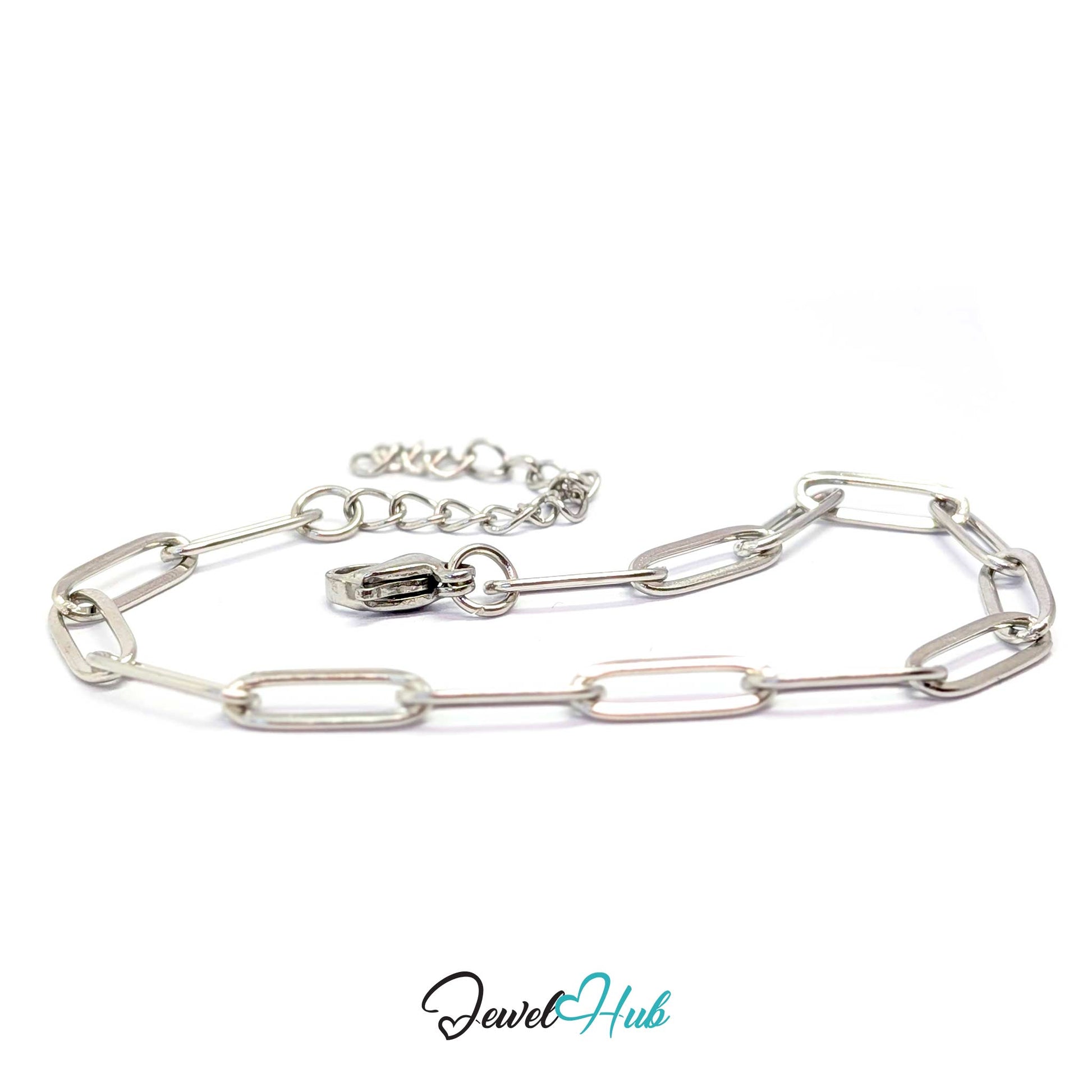 A silver paperclip chain bracelet with a lobster clasp and extender chain, displayed on a clean white background with a 'JewelHub' watermark at the bottom.