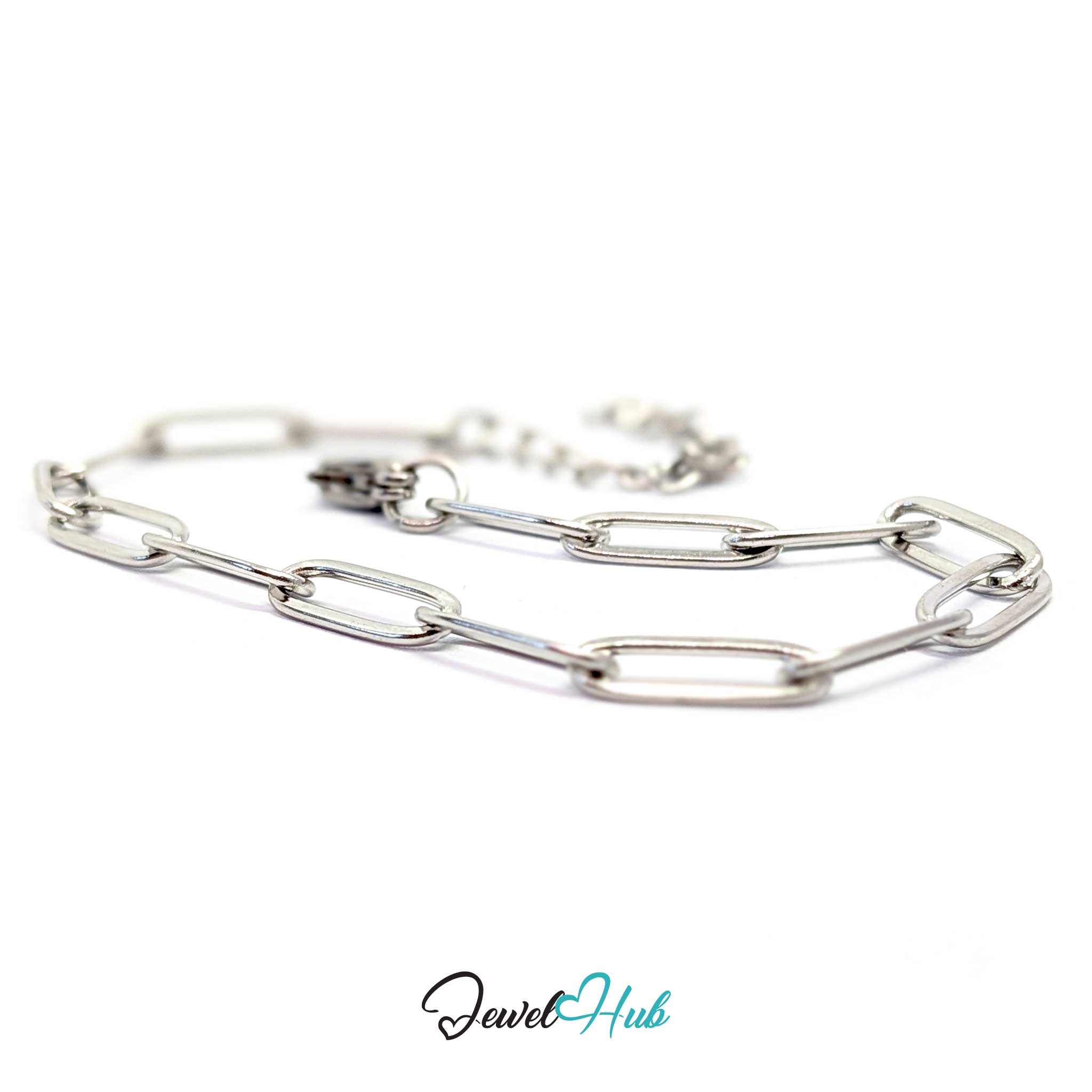 A silver paperclip chain link bracelet with a lobster clasp, displayed on a clean white background with a 'JewelHub' watermark at the bottom.