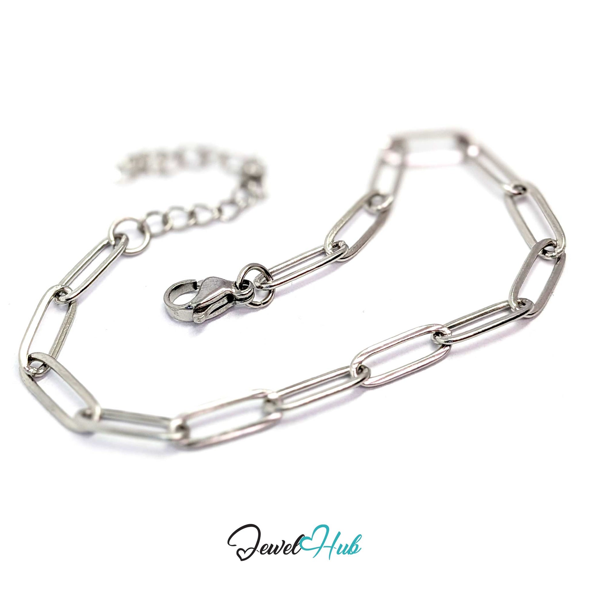 A silver paperclip chain link bracelet with a lobster clasp and extender chain, displayed on a clean white background with a 'JewelHub' watermark at the bottom.