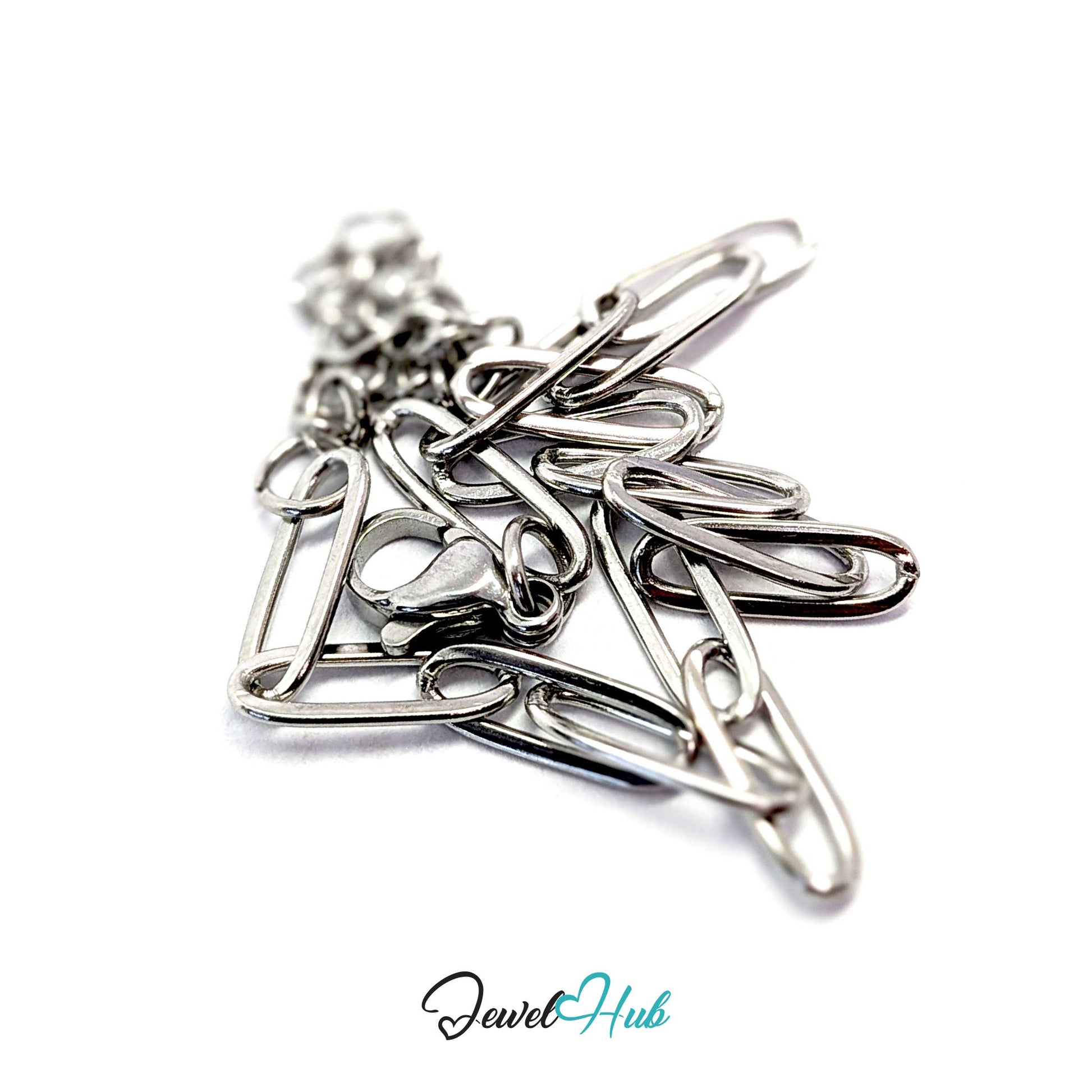A silver paperclip-shaped pendant charm with a lobster clasp, photographed on a white background with a 'JewelHub' watermark at the bottom.
