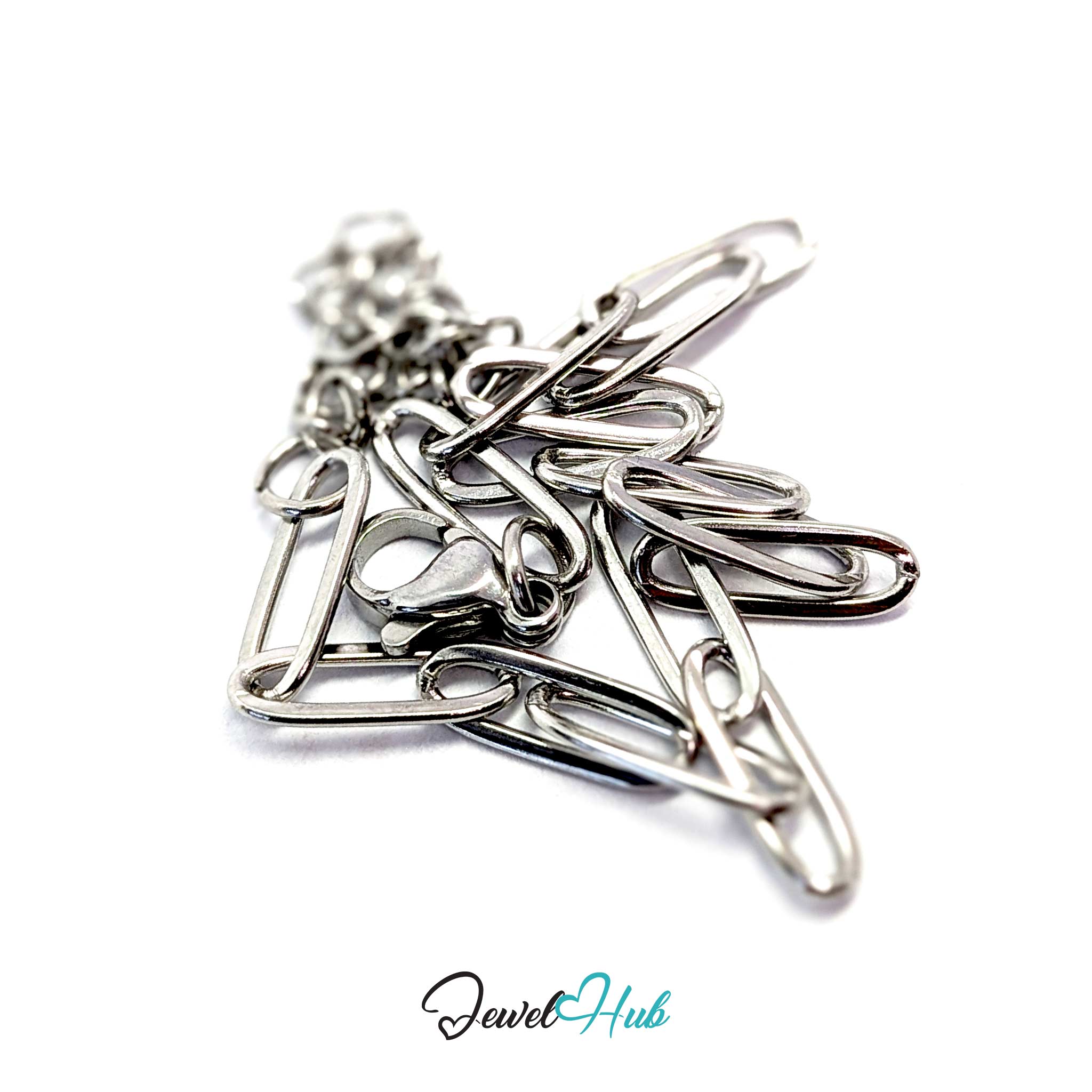 A silver paperclip-shaped pendant charm with a lobster clasp, photographed on a white background with a 'JewelHub' watermark at the bottom.