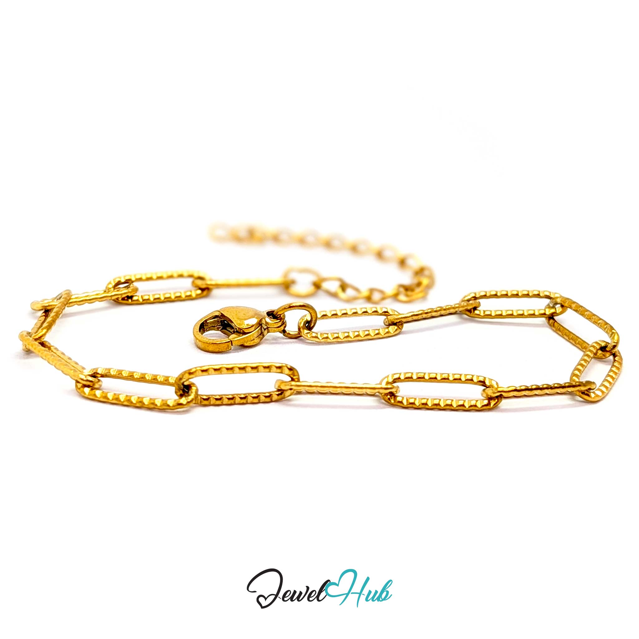 A gold paperclip chain bracelet with a lobster clasp, displayed on a clean white background with a 'JewelHub' watermark at the bottom.