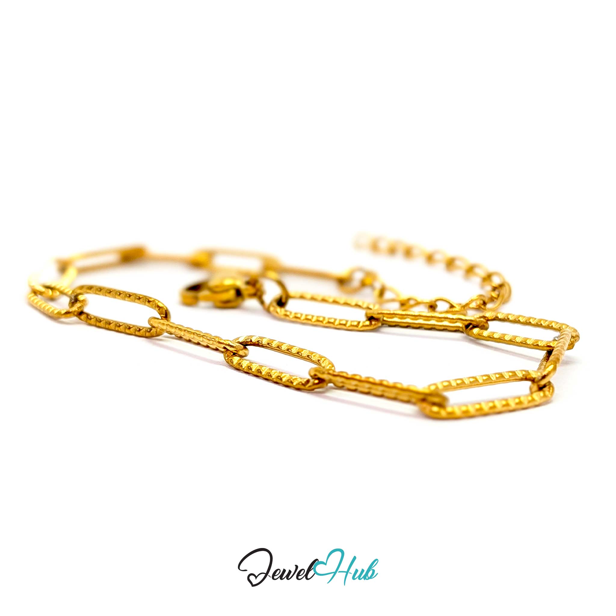 A gold paperclip chain bracelet with textured links, displayed on a clean white background with a 'JewelHub' watermark at the bottom.