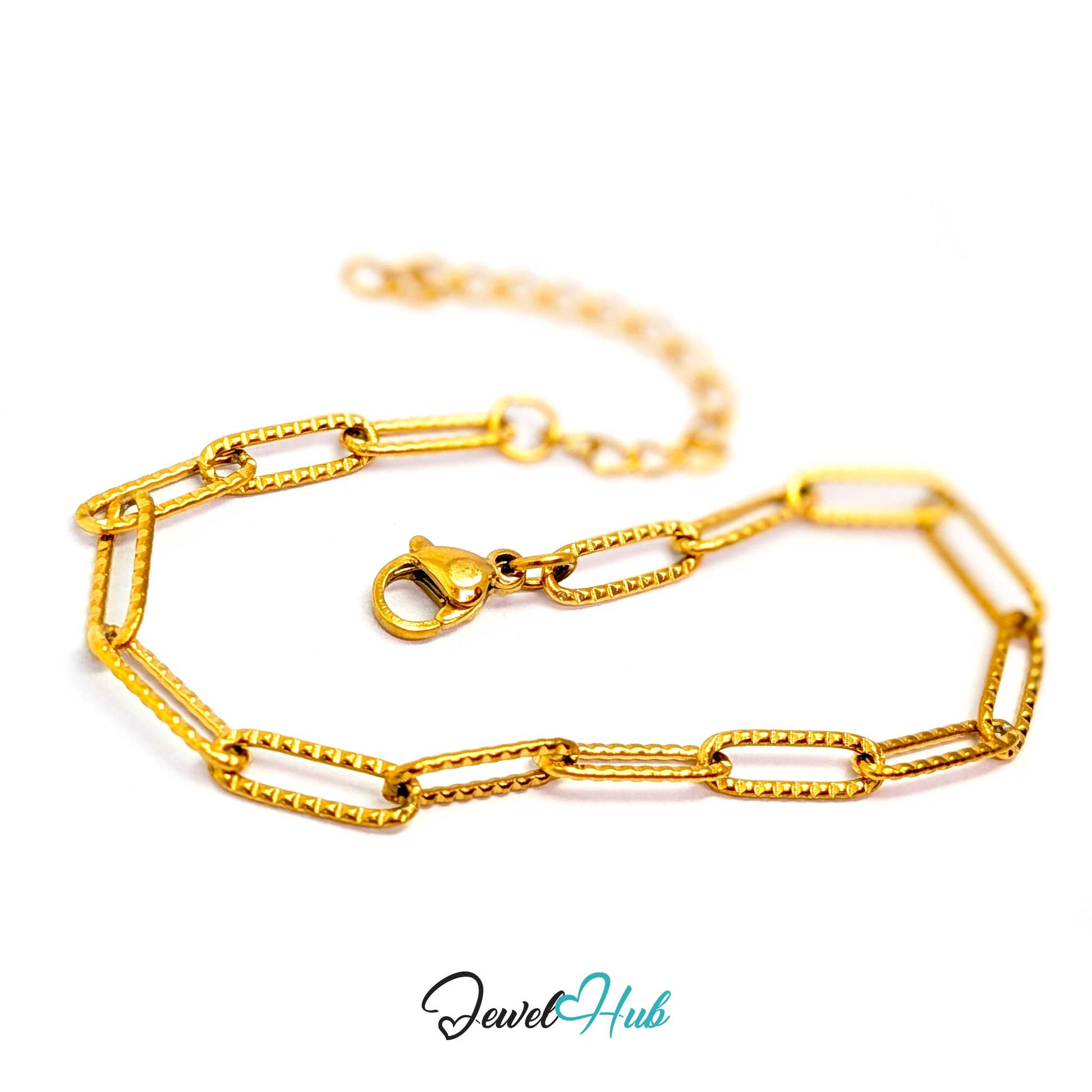 A gold paperclip chain bracelet with a lobster clasp, displayed on a clean white background with a 'JewelHub' watermark at the bottom.