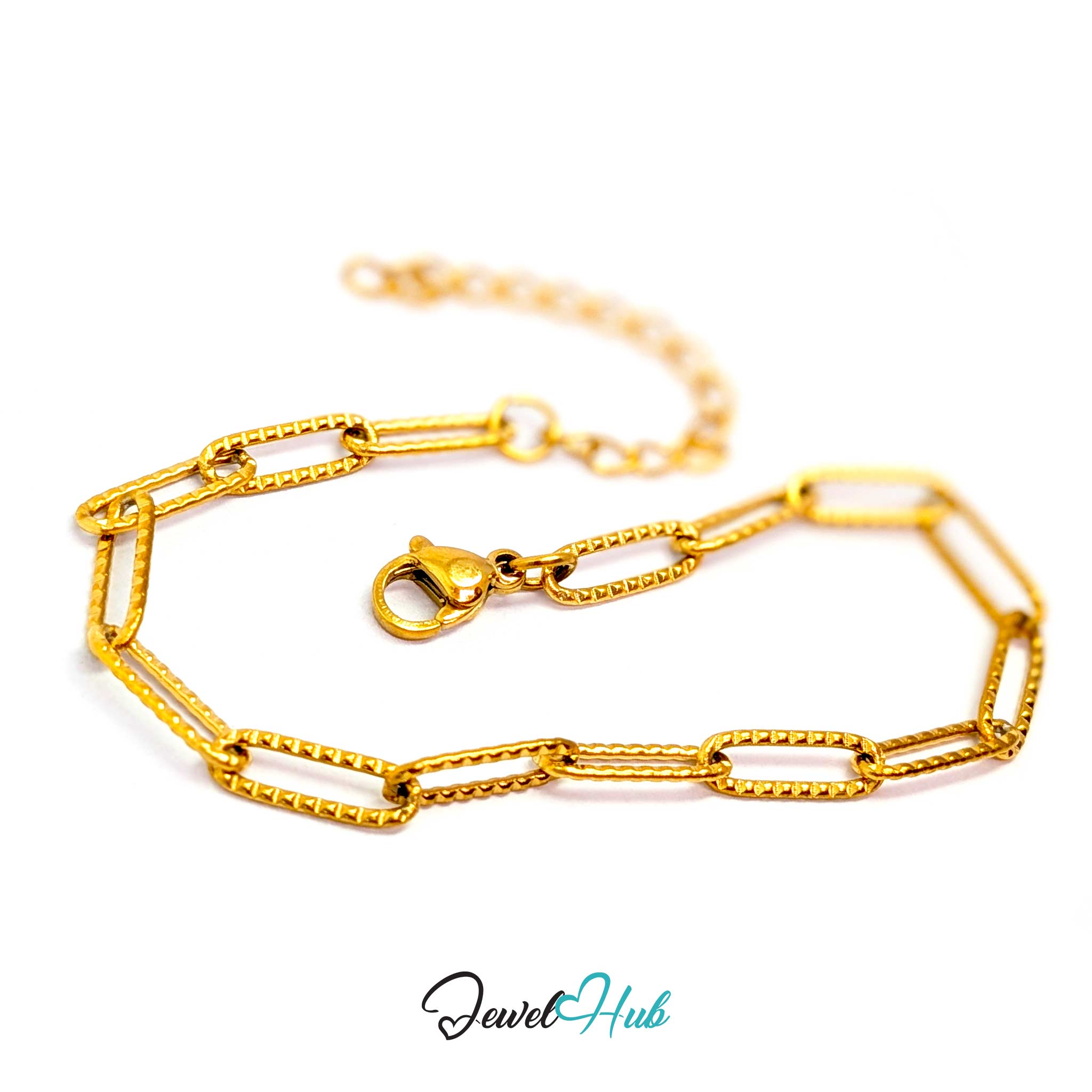 A gold paperclip chain bracelet with a lobster clasp, displayed on a clean white background with a 'JewelHub' watermark at the bottom.