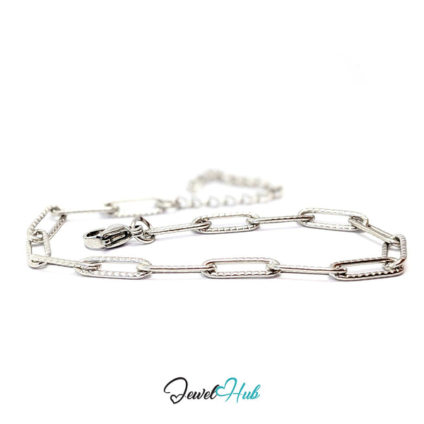 A silver paperclip chain bracelet with a lobster clasp, displayed on a clean white background 