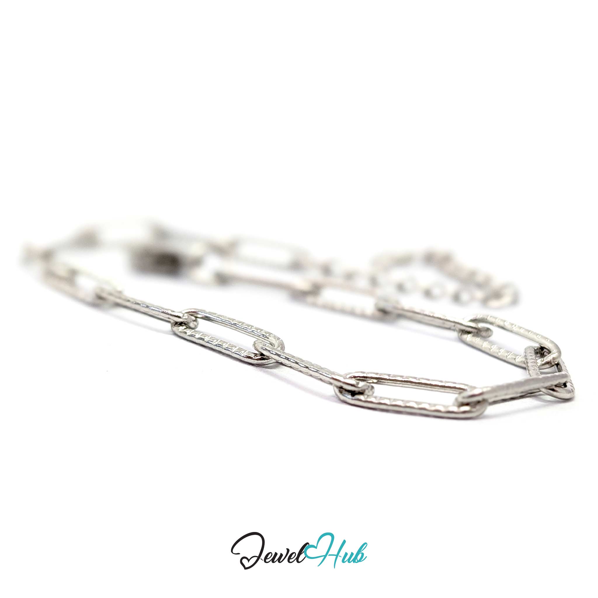 A silver paperclip chain bracelet with a lobster clasp, displayed on a clean white background 