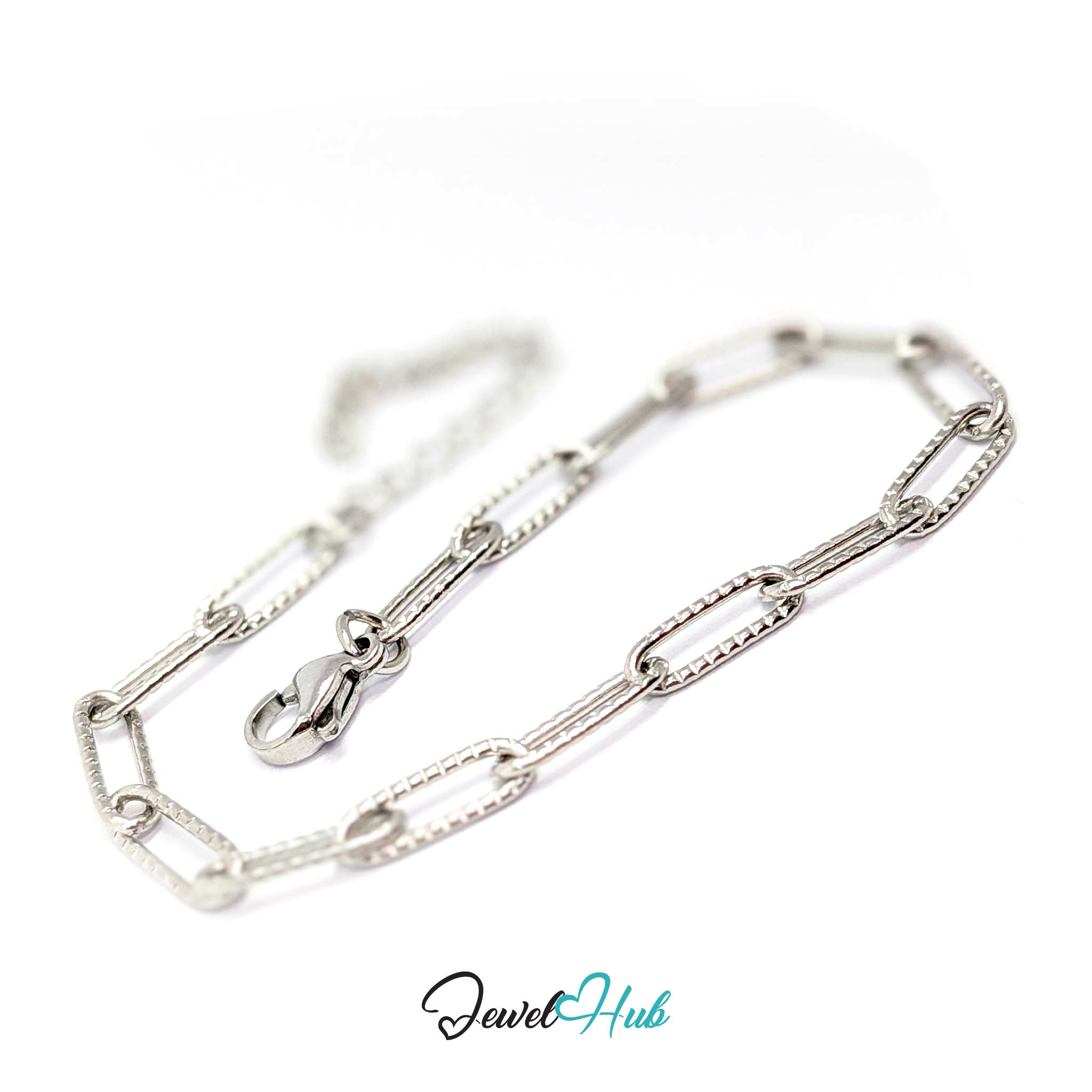 A silver stainless steel paperclip chain bracelet with a lobster clasp, displayed on a clean white background 