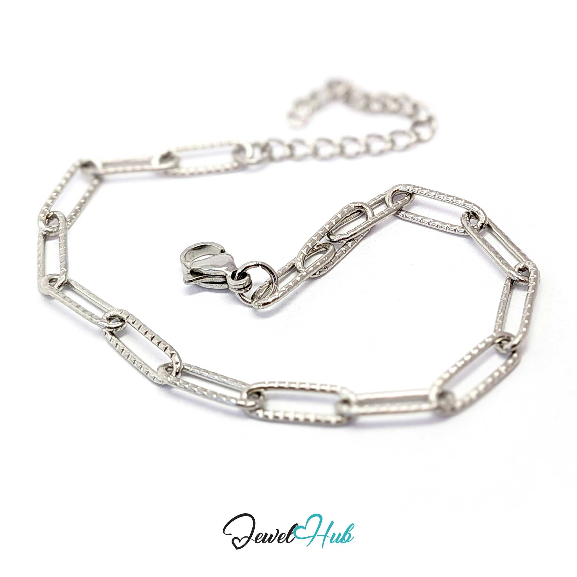A silver stainless steel paperclip chain bracelet with a lobster clasp, displayed on a clean white background 