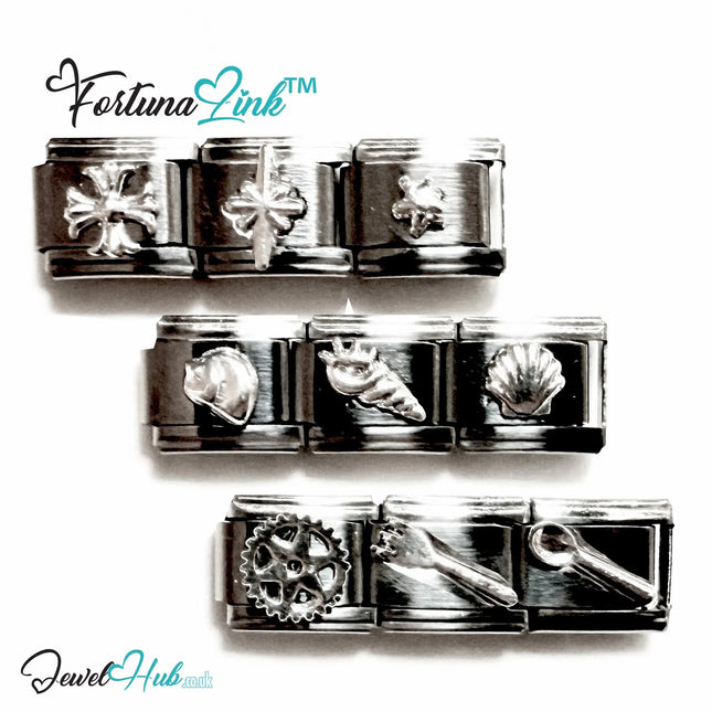 FortunaLink™ Italian Bracelet Charms – Modular Stainless Steel Icons (Cross, Stars, Shells, Fork & Spoon)