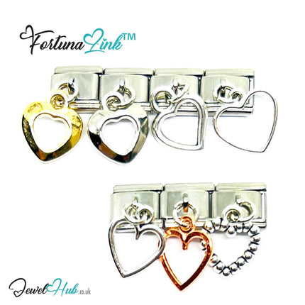 FortunaLink™ Dangling Hollow Heart Series – Multi-Finish Italian Bracelet Charms - JewelHub.co.uk