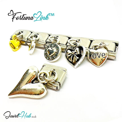 FortunaLink™ Dangling Solid Heart Series – Multi-Finish Italian Bracelet Charms - JewelHub.co.uk