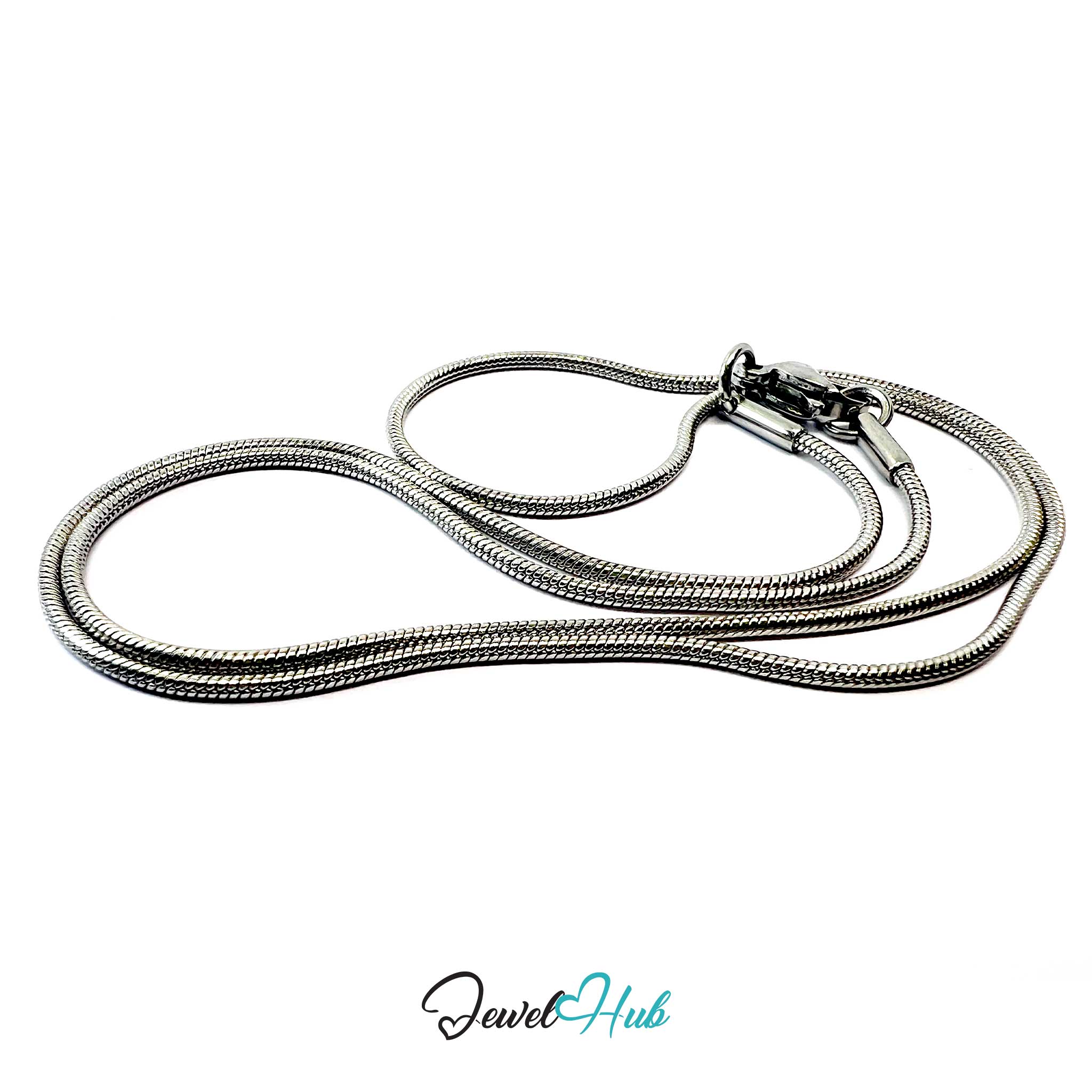 Silver chain necklace on a white background with 'Jewel Hub' branding.