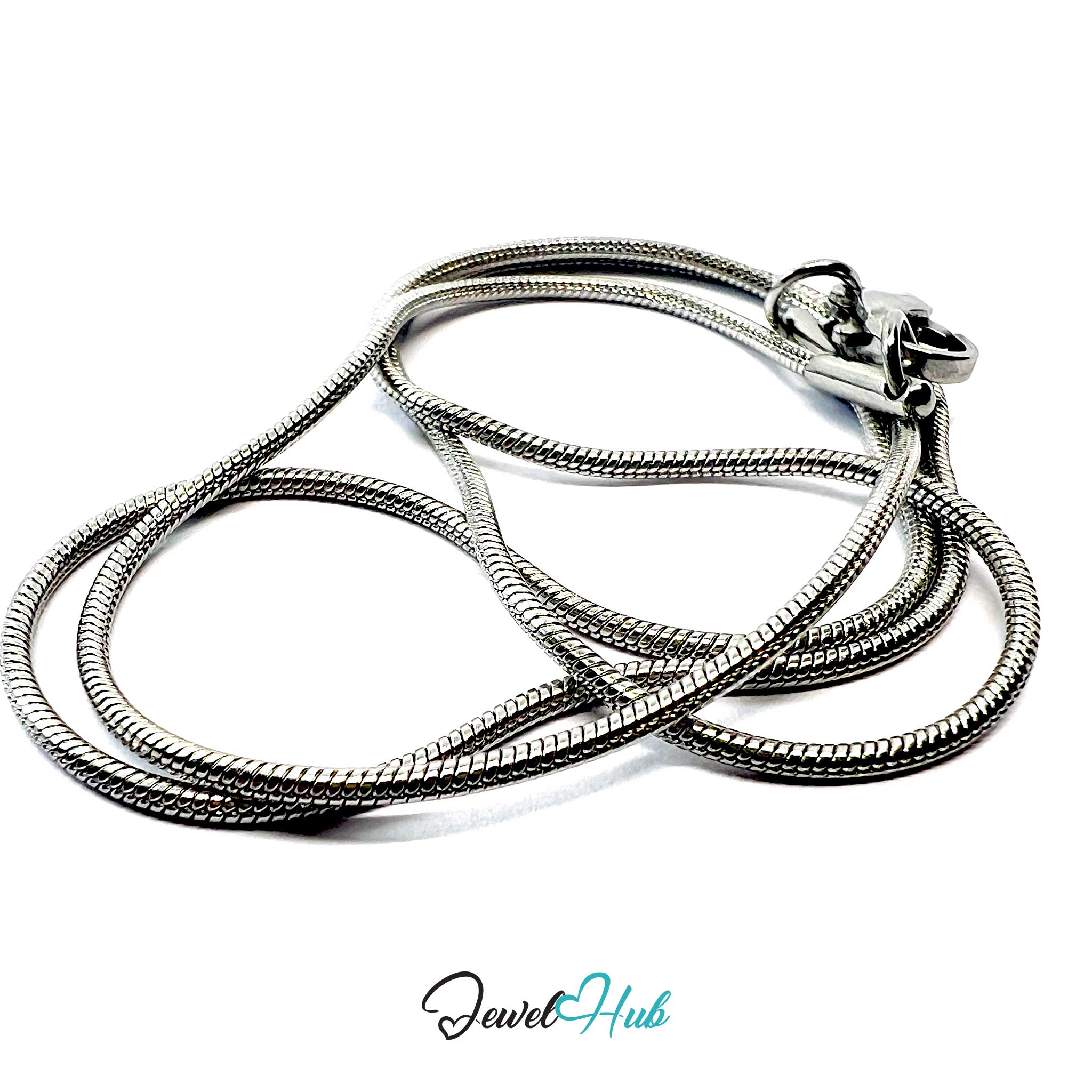 Silver snake chain necklace on a white background with 'Jewel Hub' branding.