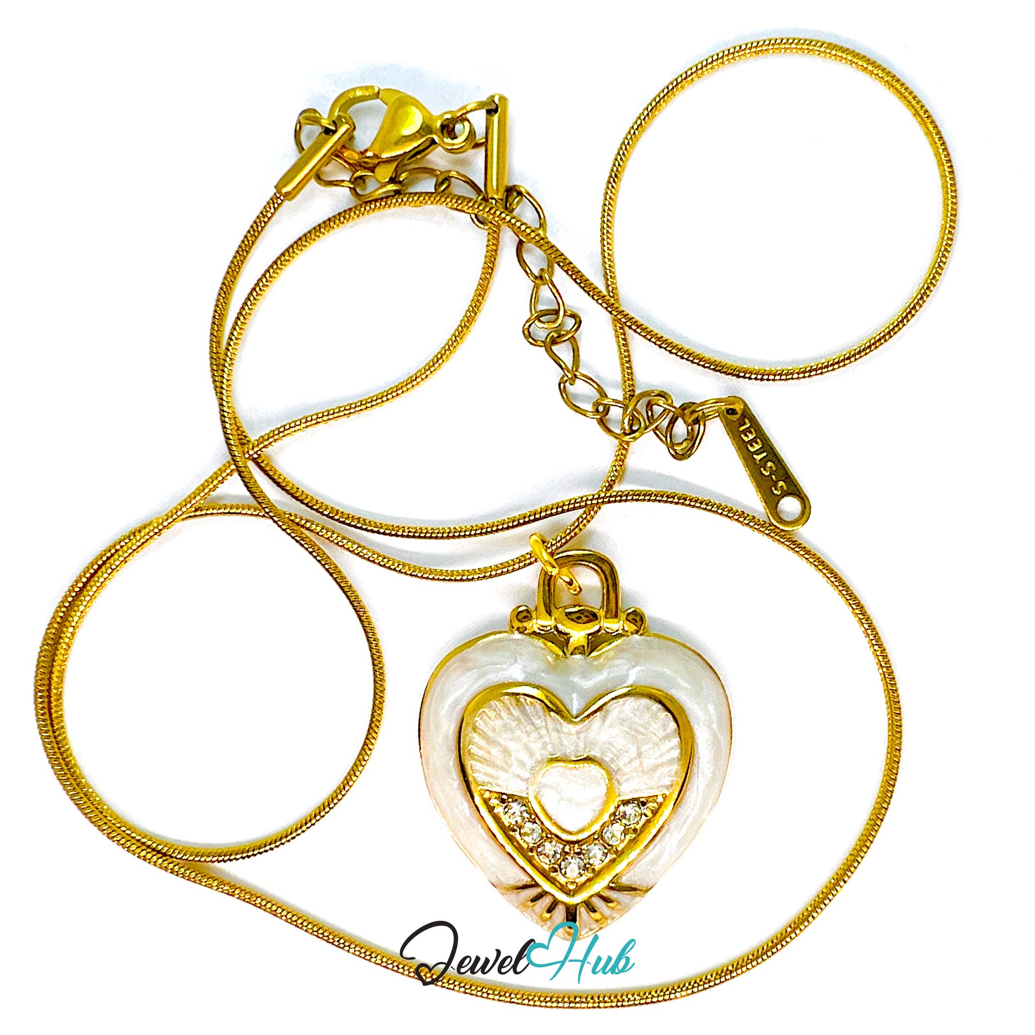 Stainless Steel White Enamel Heart Pendant Zirconia Detail