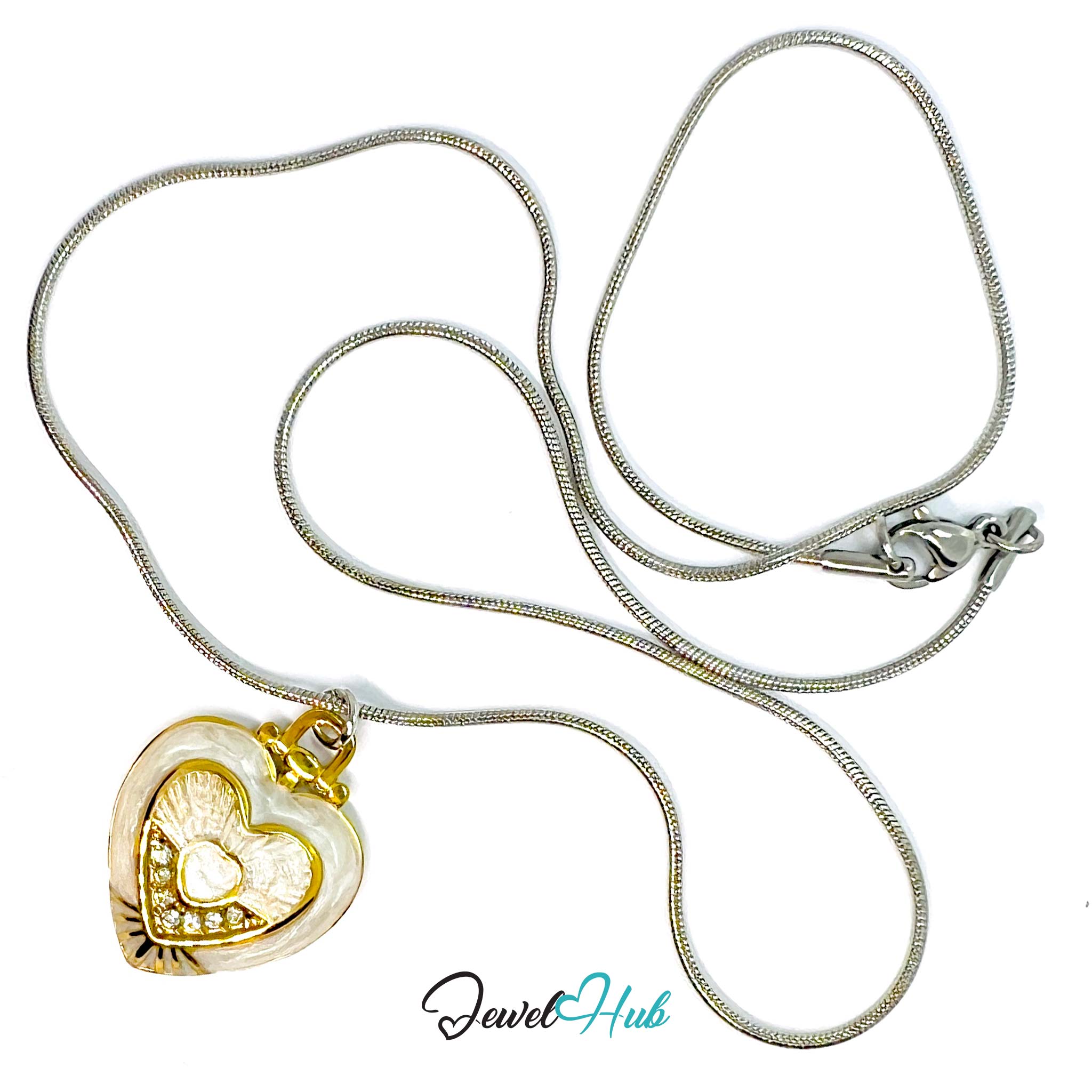 Stainless Steel White Enamel Heart Pendant Zirconia Detail