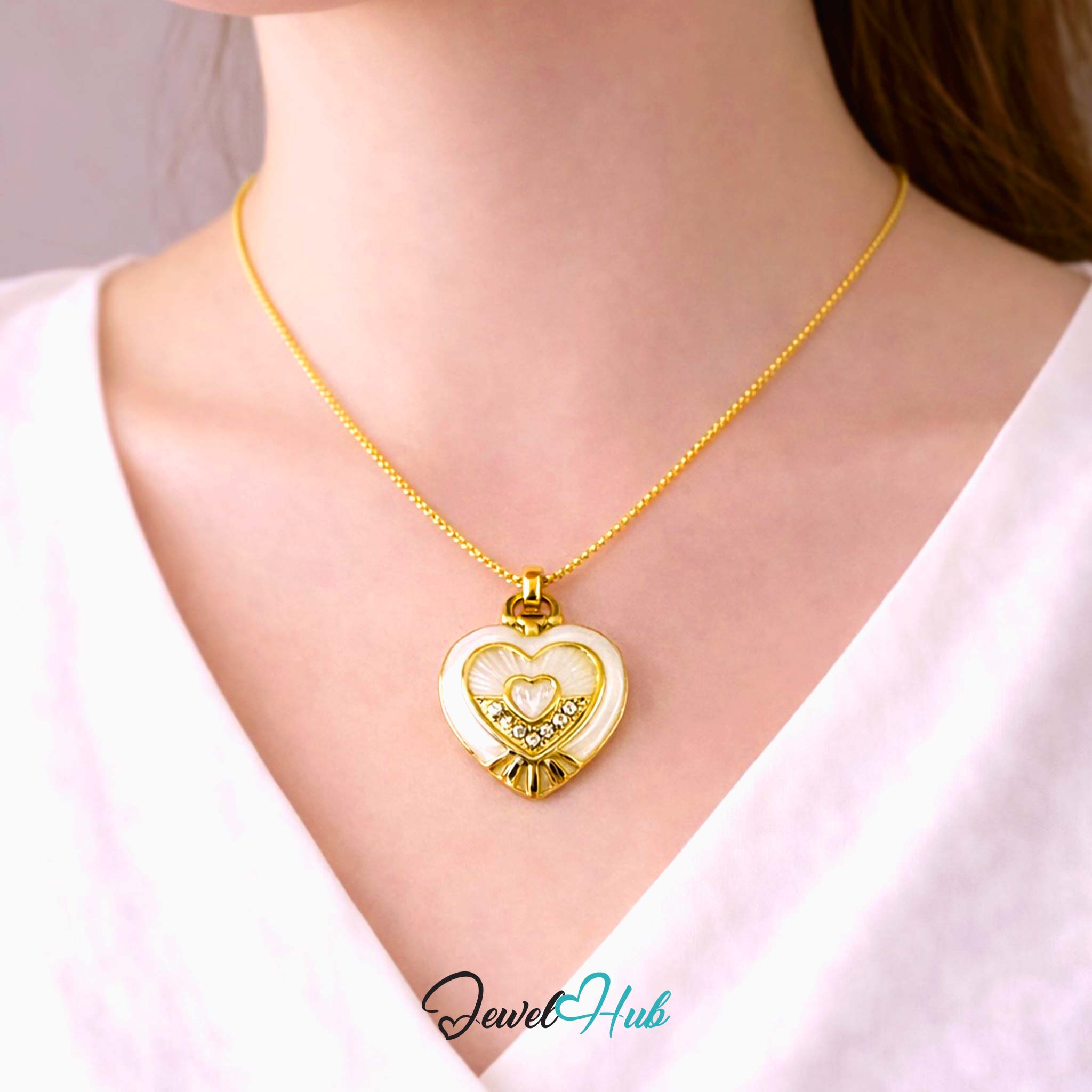 Stainless Steel White Enamel Heart Pendant Zirconia Detail