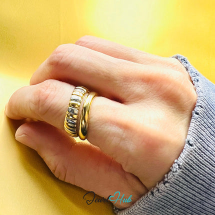 DuoTone CrestWrap Stainless Steel Ring · Adjustable MNO Fit · Sculptural Wrap CA