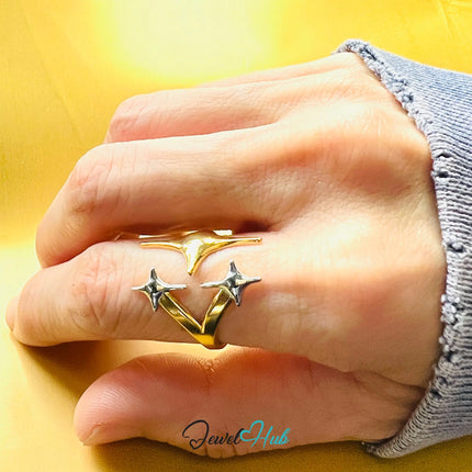 DuoTone TrioStar Stainless Steel Ring · Adjustable QRS · Sculptural Triple-Star Design CA